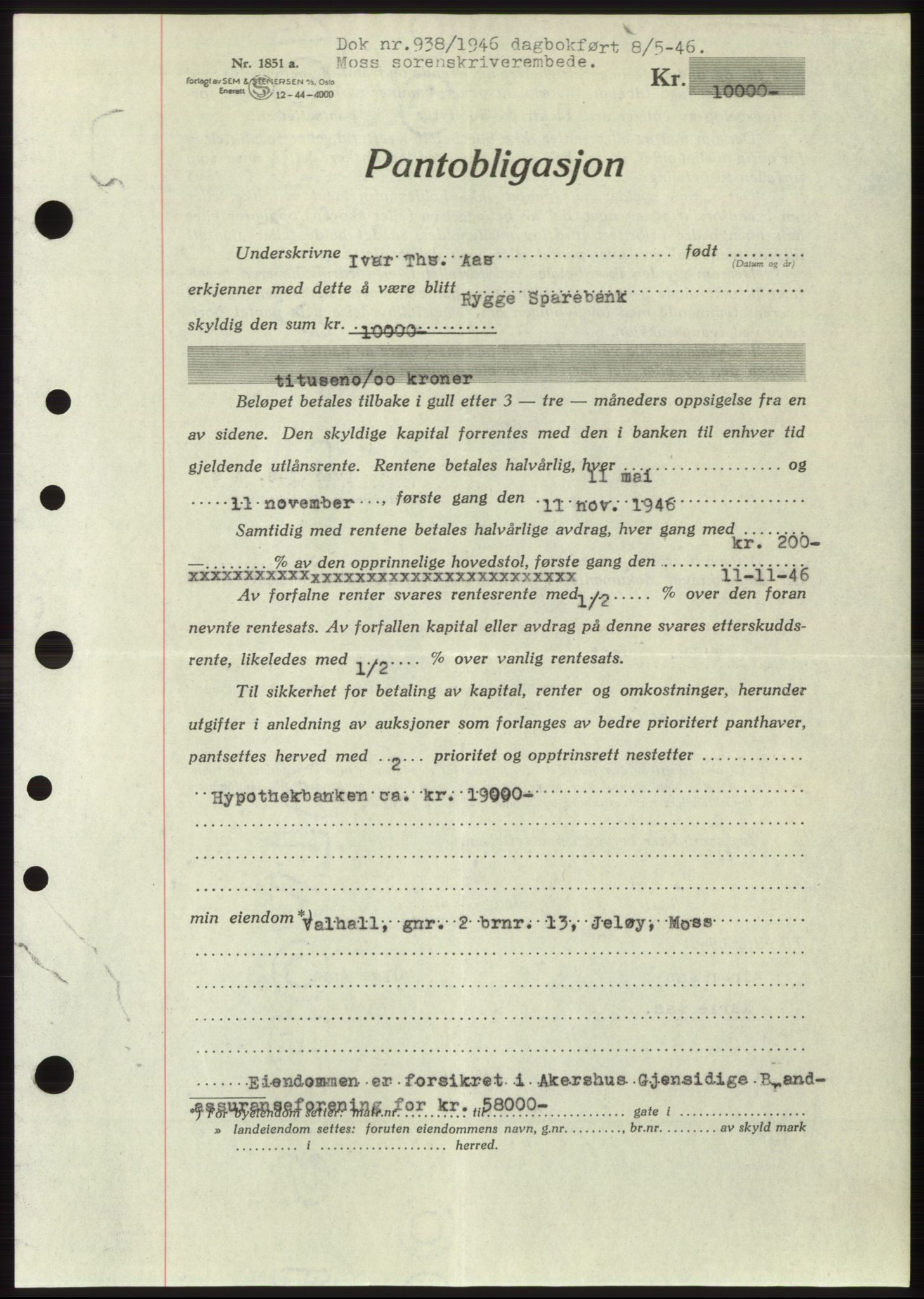 Moss sorenskriveri, SAO/A-10168: Pantebok nr. B15, 1946-1946, Dagboknr: 938/1946
