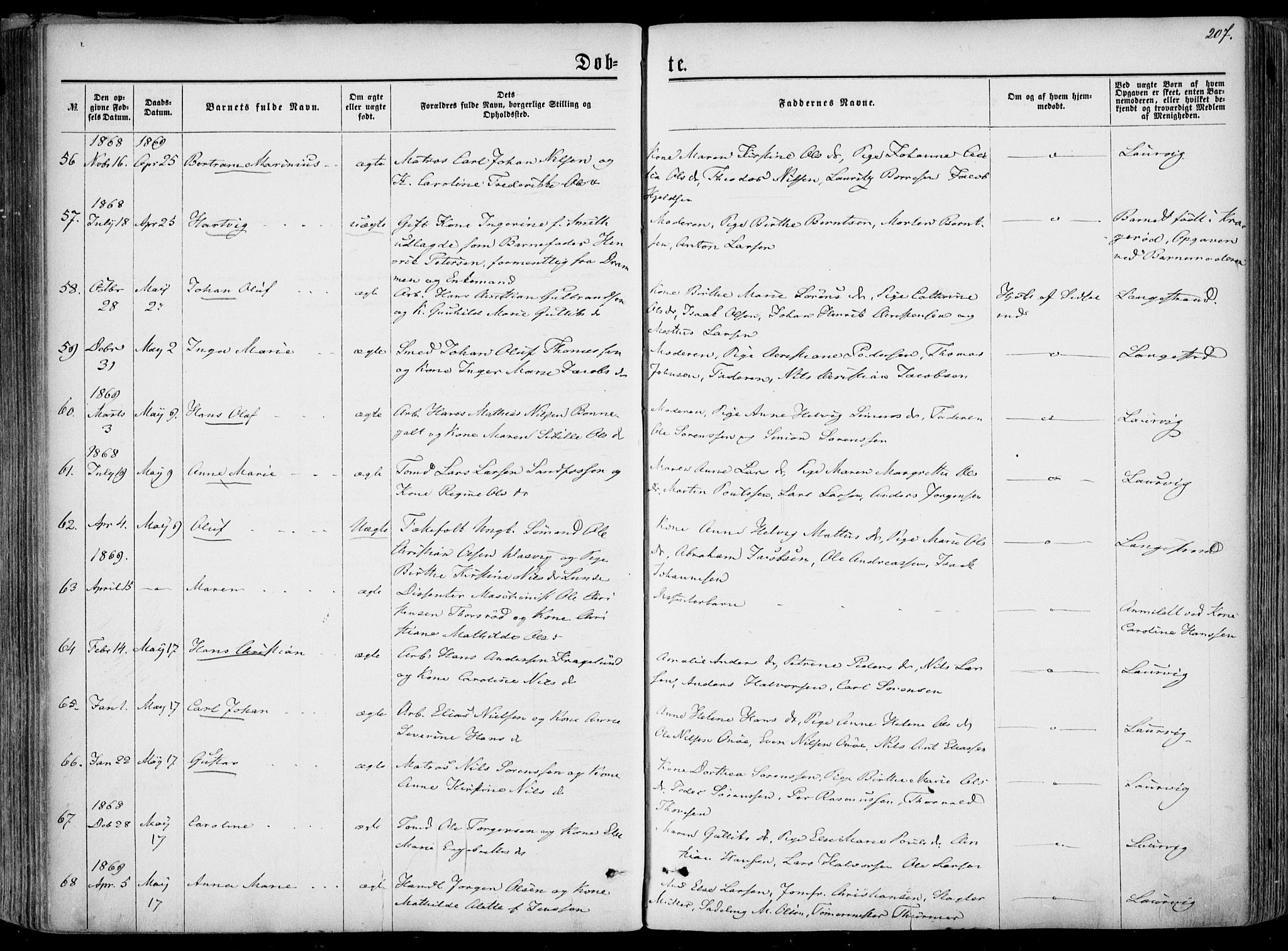 Larvik kirkebøker, AV/SAKO-A-352/F/Fa/L0004: Ministerialbok nr. I 4, 1856-1870, s. 207