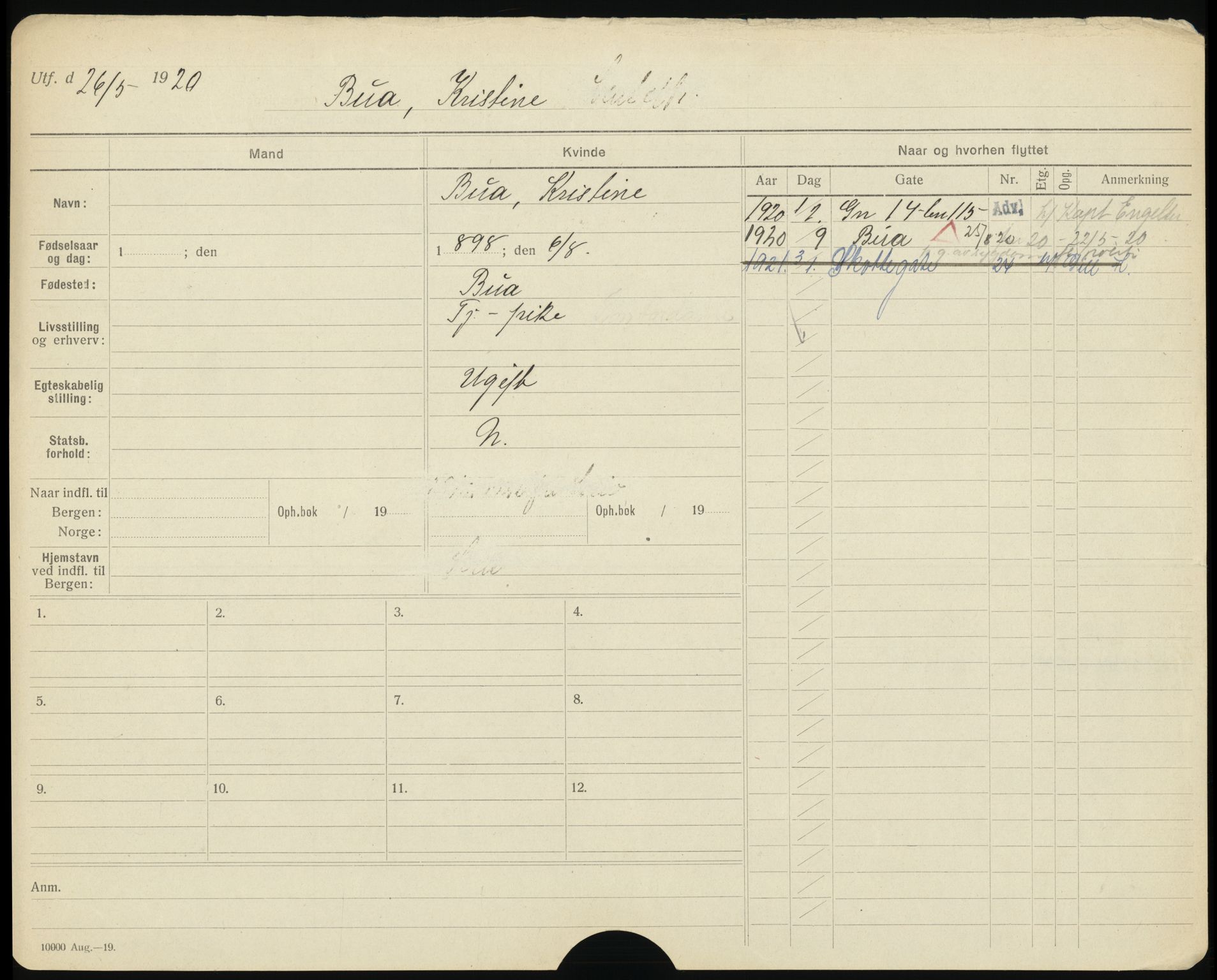 Bergen folkeregister, AV/SAB-A-17201/I/Ia/L0005: Utflyttet 1912 - 1920, Bua - Døvik, 1912-1920