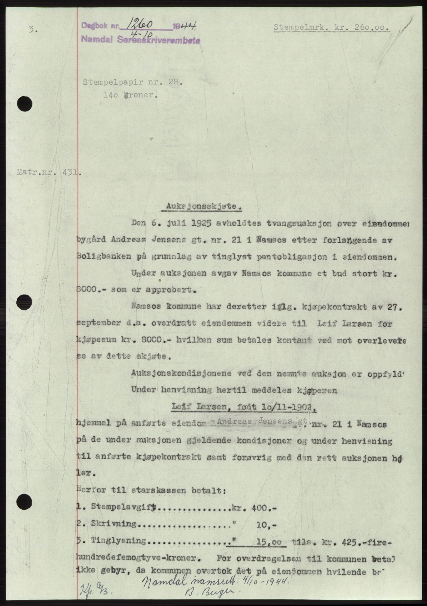Namdal sorenskriveri, SAT/A-4133/1/2/2C: Pantebok nr. -, 1944-1945, Dagboknr: 1260/1944