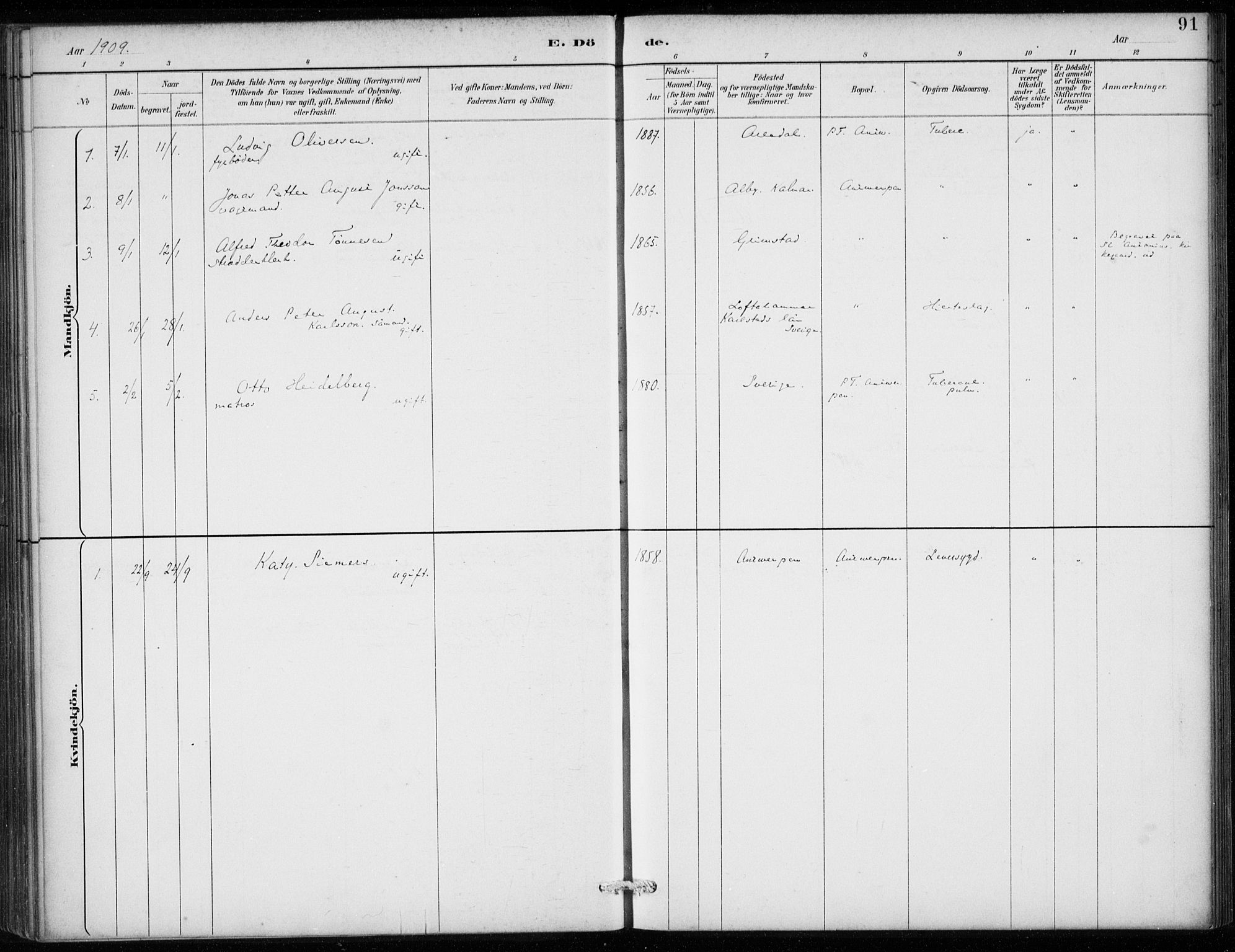 Den norske sjømannsmisjon i utlandet/Antwerpen, AV/SAB-SAB/PA-0105/H/Ha/L0002: Ministerialbok nr. A 2, 1887-1913, s. 91