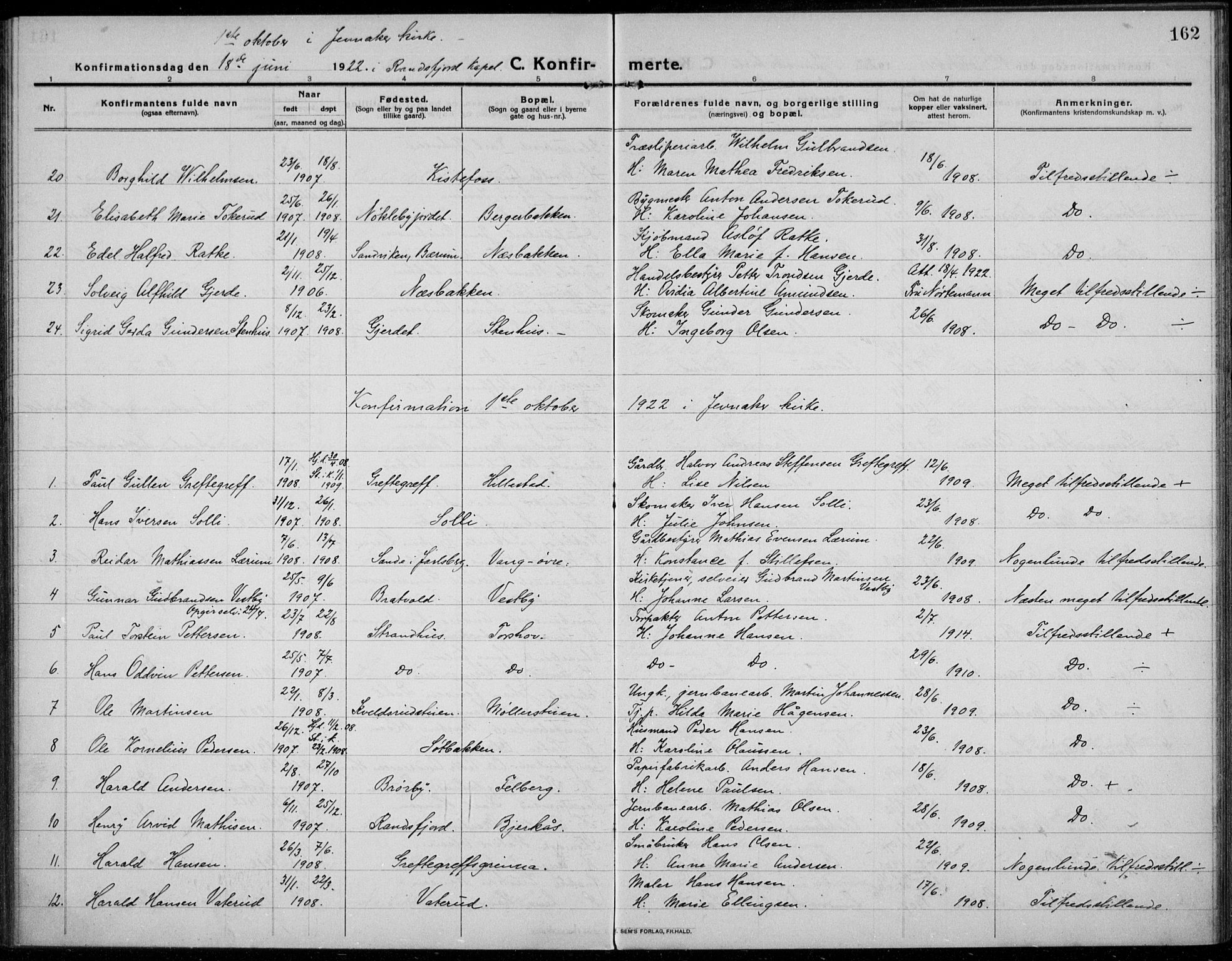 Jevnaker prestekontor, AV/SAH-PREST-116/H/Ha/Haa/L0012: Ministerialbok nr. 12, 1914-1924, s. 162