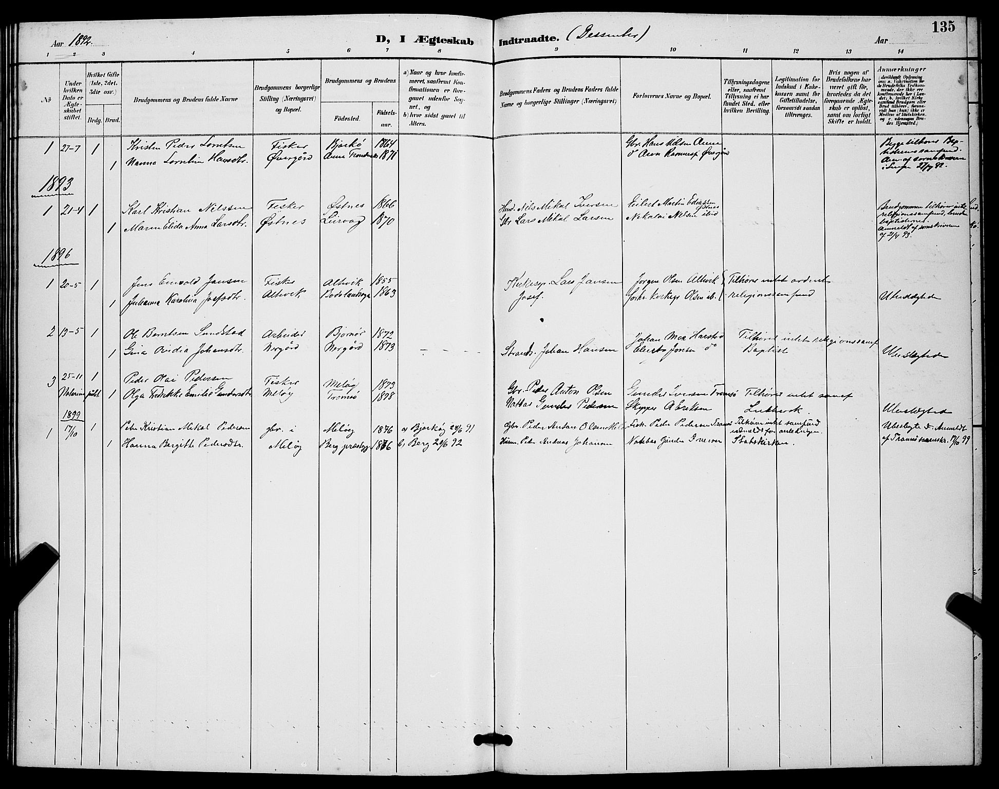Sand/Bjarkøy sokneprestkontor, AV/SATØ-S-0811/I/Ia/Iab/L0003klokker: Klokkerbok nr. 3, 1891-1904, s. 135