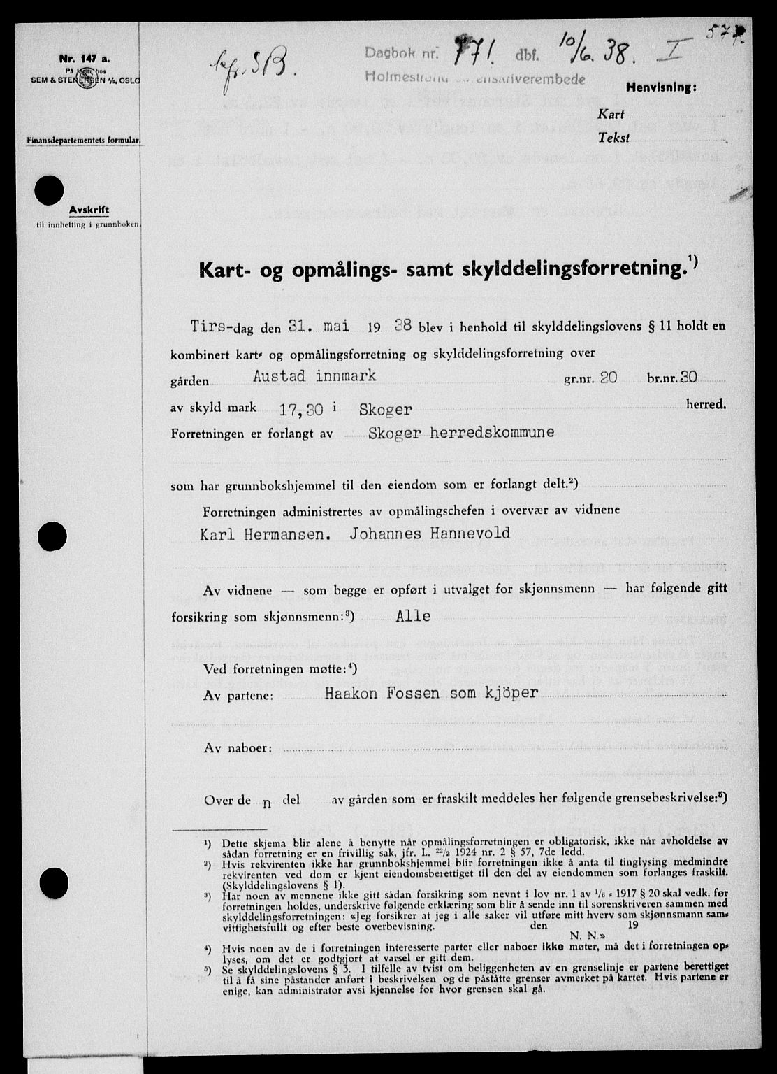Holmestrand sorenskriveri, SAKO/A-67/G/Ga/Gaa/L0049: Pantebok nr. A-49, 1937-1938, Dagboknr: 771/1938