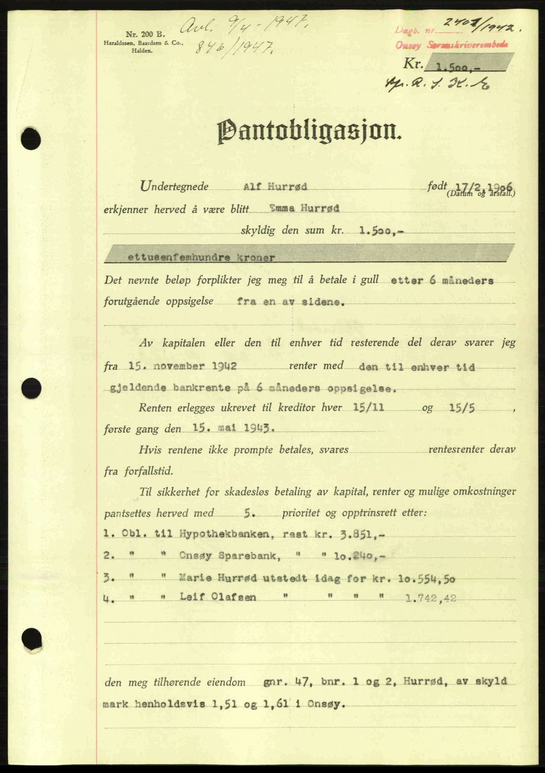 Onsøy sorenskriveri, SAO/A-10474/G/Ga/Gac/L0003: Pantebok nr. B3, 1940-1944, Dagboknr: 2401/1942