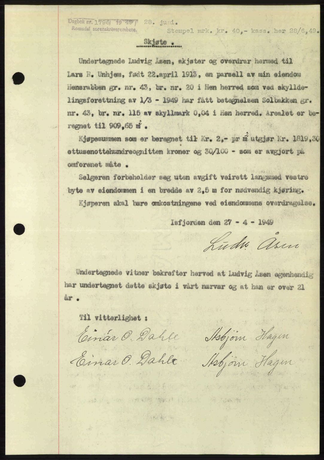 Romsdal sorenskriveri, SAT/A-4149/1/2/2C: Pantebok nr. A30, 1949-1949, Dagboknr: 1796/1949