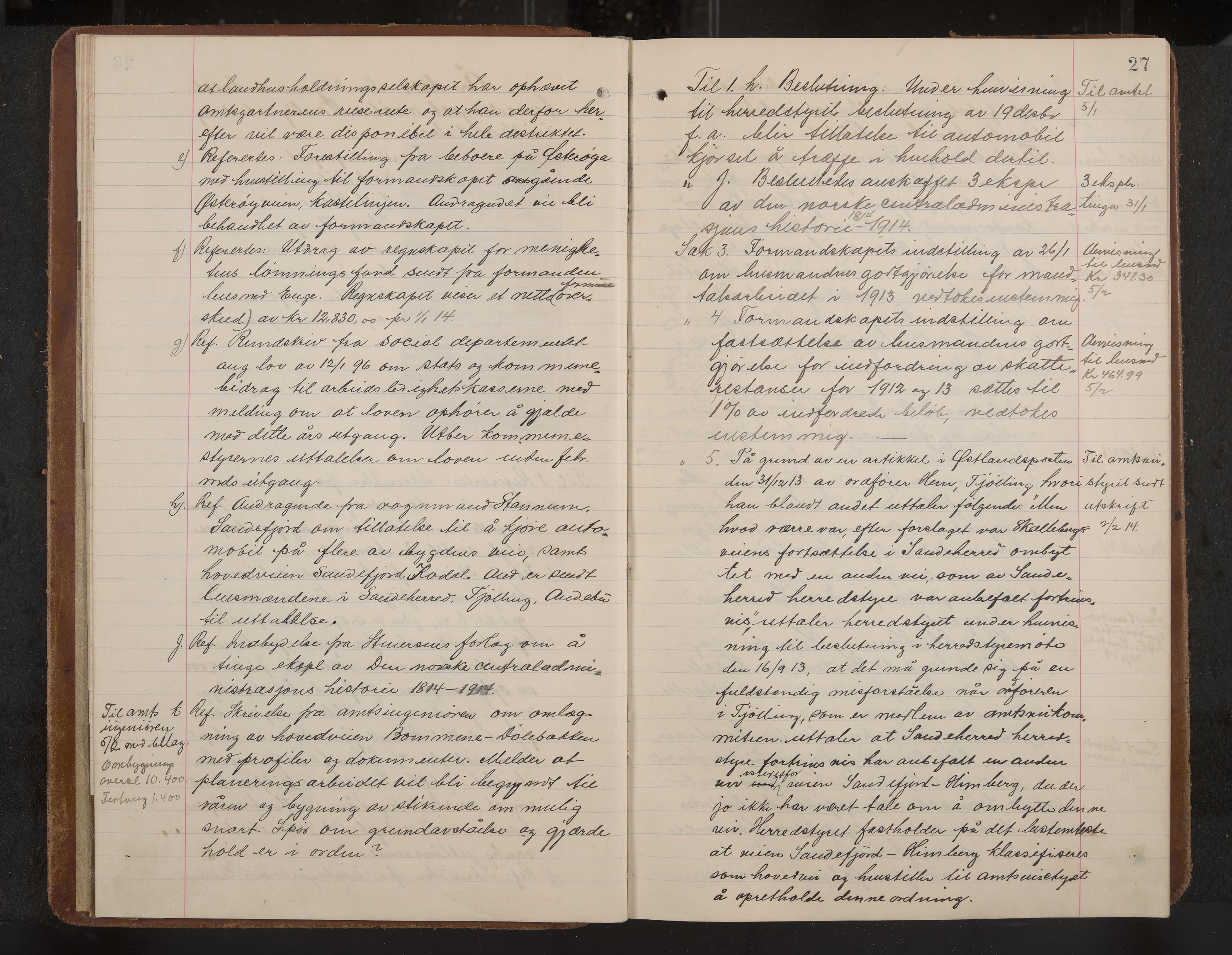 Sandar formannskap og sentraladministrasjon, IKAK/0724021/A/Aa/L0005: Møtebok med register, 1914-1918, s. 27