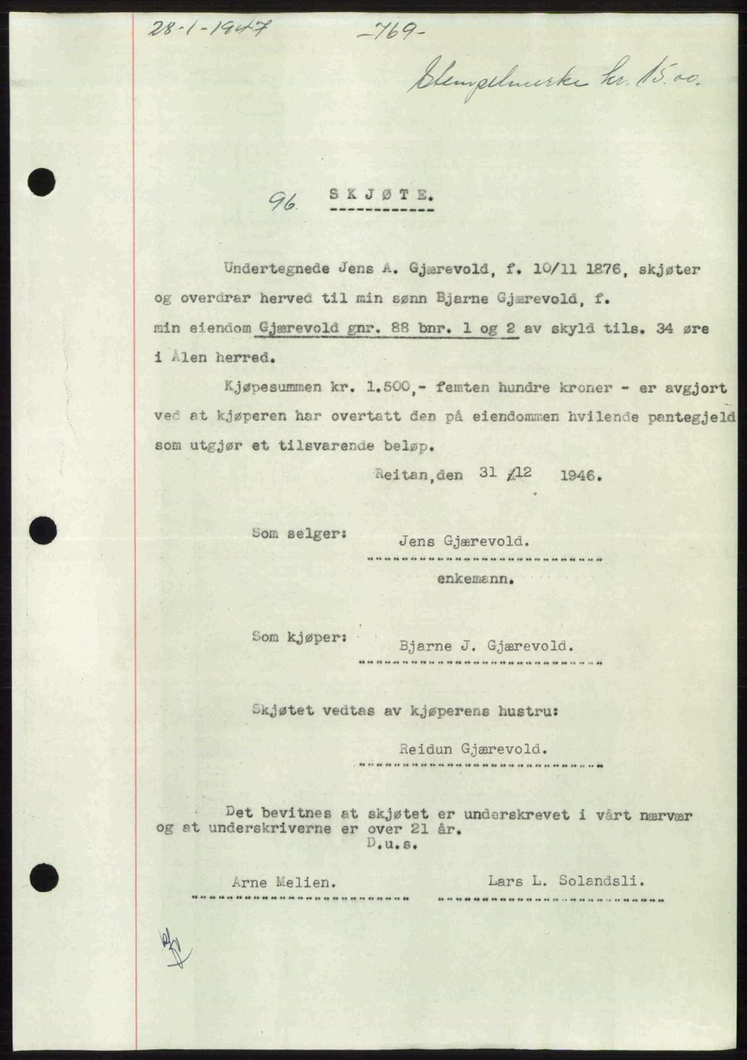 Gauldal sorenskriveri, SAT/A-0014/1/2/2C: Pantebok nr. A3, 1947-1947, Dagboknr: 96/1947