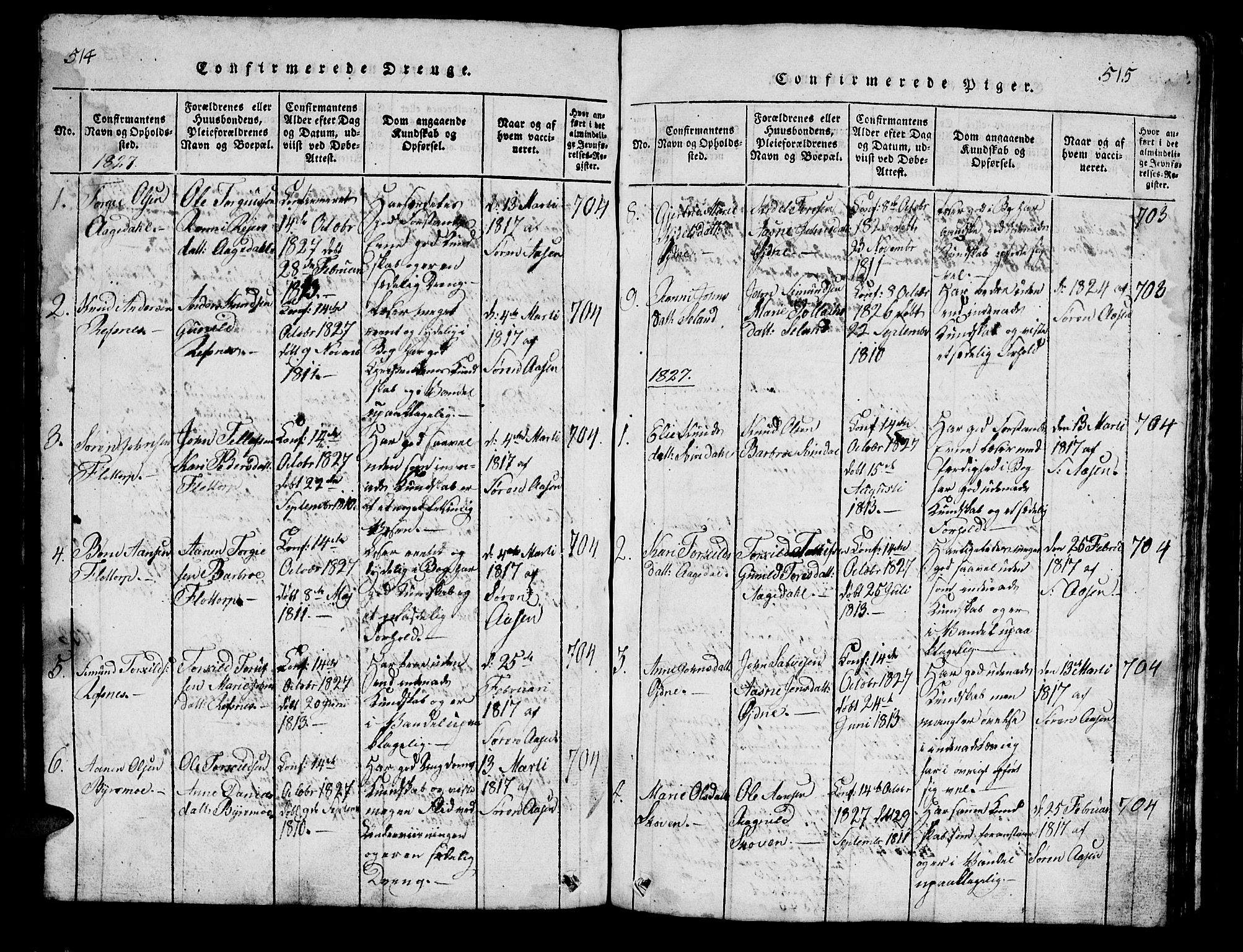 Bjelland sokneprestkontor, SAK/1111-0005/F/Fb/Fbc/L0001: Klokkerbok nr. B 1, 1815-1870, s. 514-515