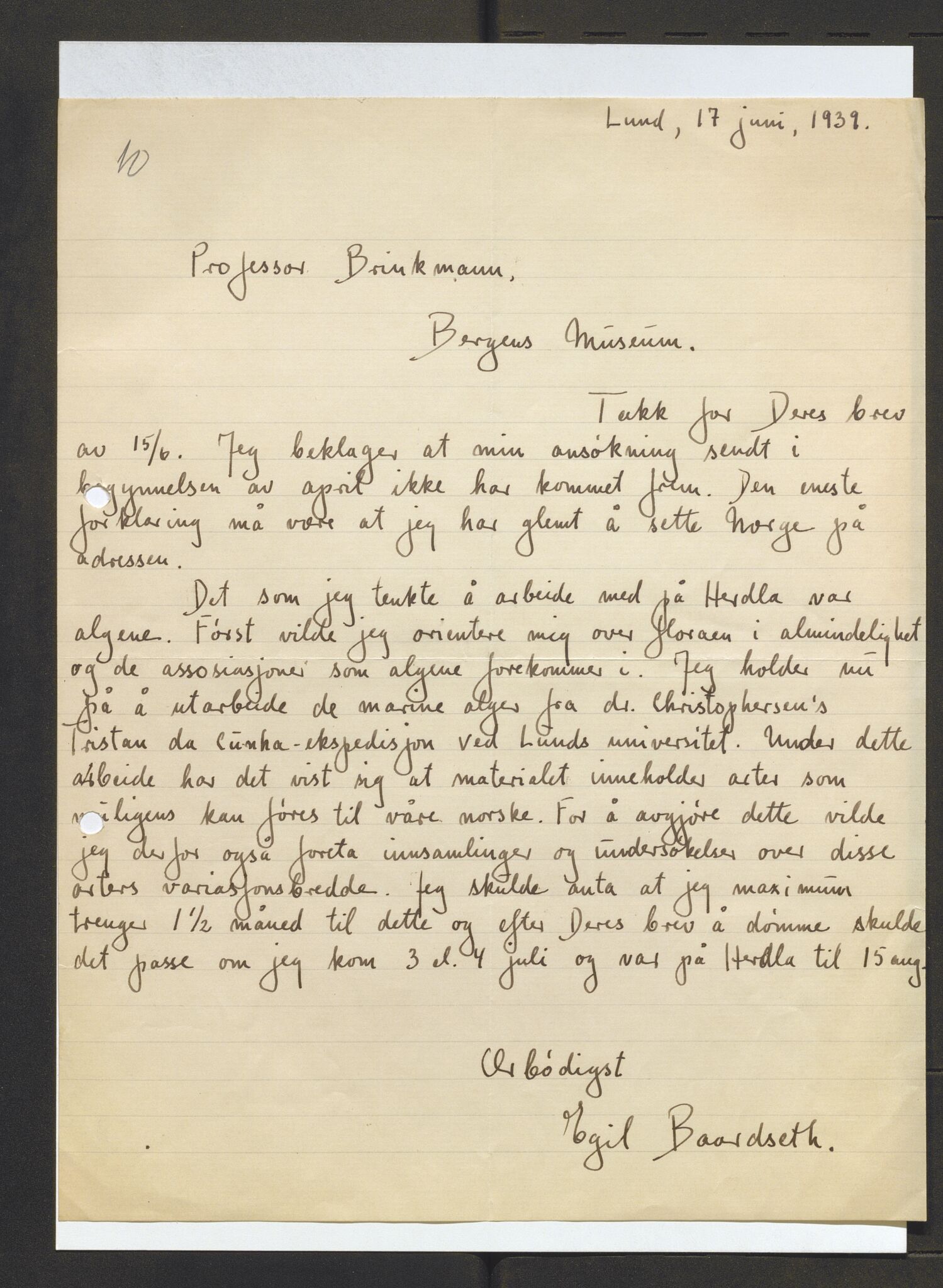 Bergens Museum, AV/SAB-A-17301/13/D/L0002: Korrespondanse , 1928-1940, s. 330