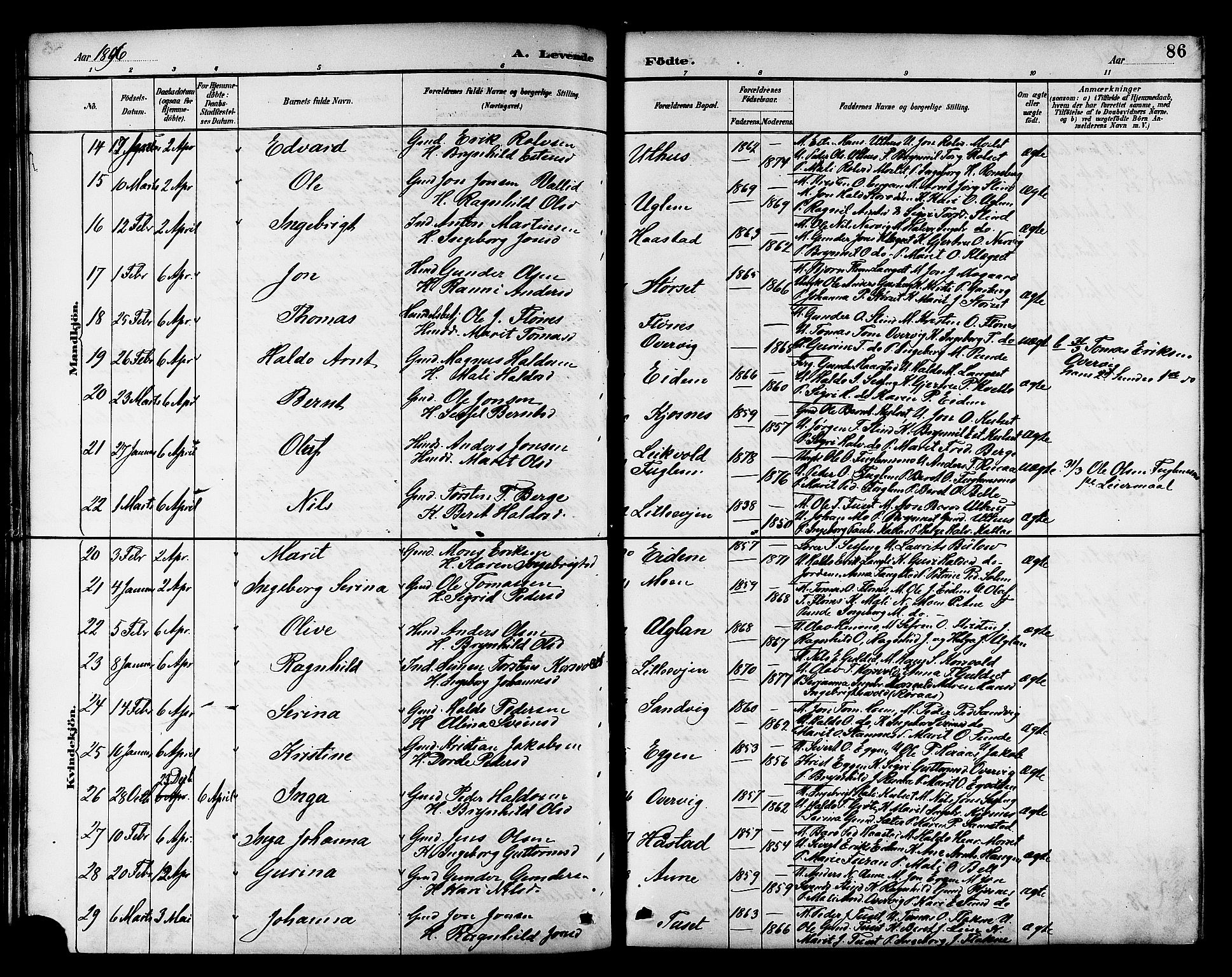 Ministerialprotokoller, klokkerbøker og fødselsregistre - Sør-Trøndelag, AV/SAT-A-1456/695/L1157: Klokkerbok nr. 695C08, 1889-1913, s. 86