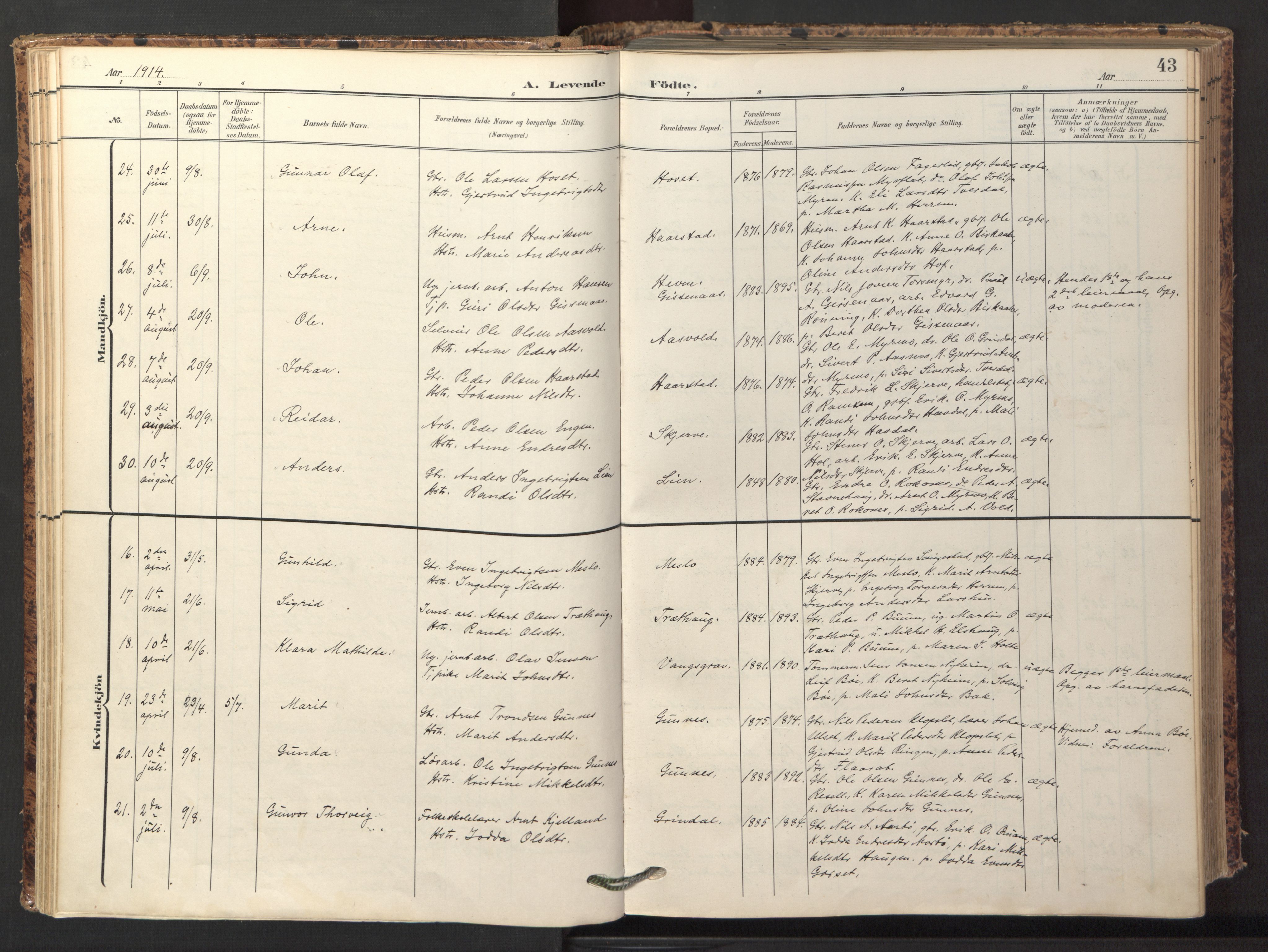 Ministerialprotokoller, klokkerbøker og fødselsregistre - Sør-Trøndelag, AV/SAT-A-1456/674/L0873: Ministerialbok nr. 674A05, 1908-1923, s. 43