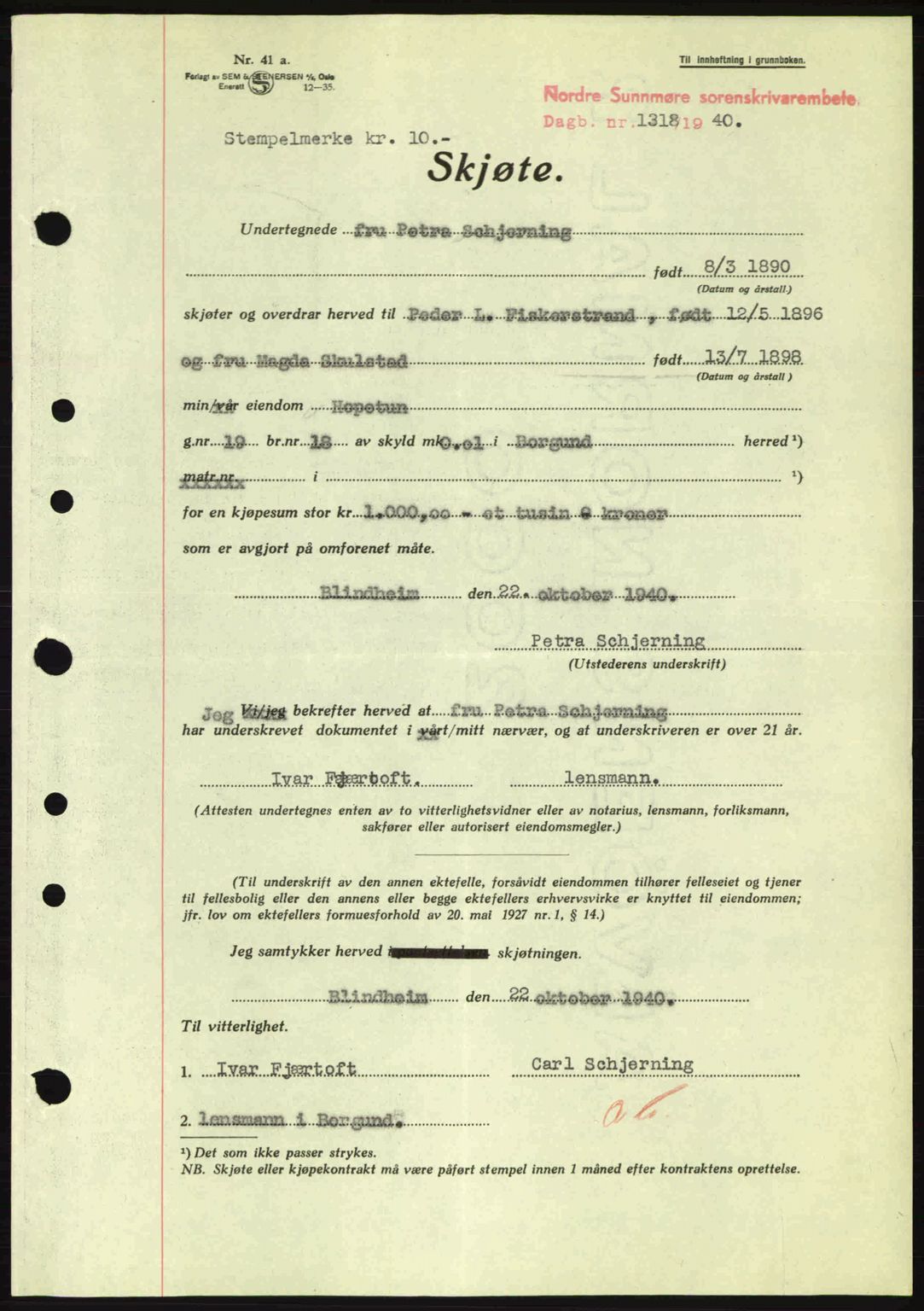 Nordre Sunnmøre sorenskriveri, AV/SAT-A-0006/1/2/2C/2Ca: Pantebok nr. A9, 1940-1940, Dagboknr: 1318/1940