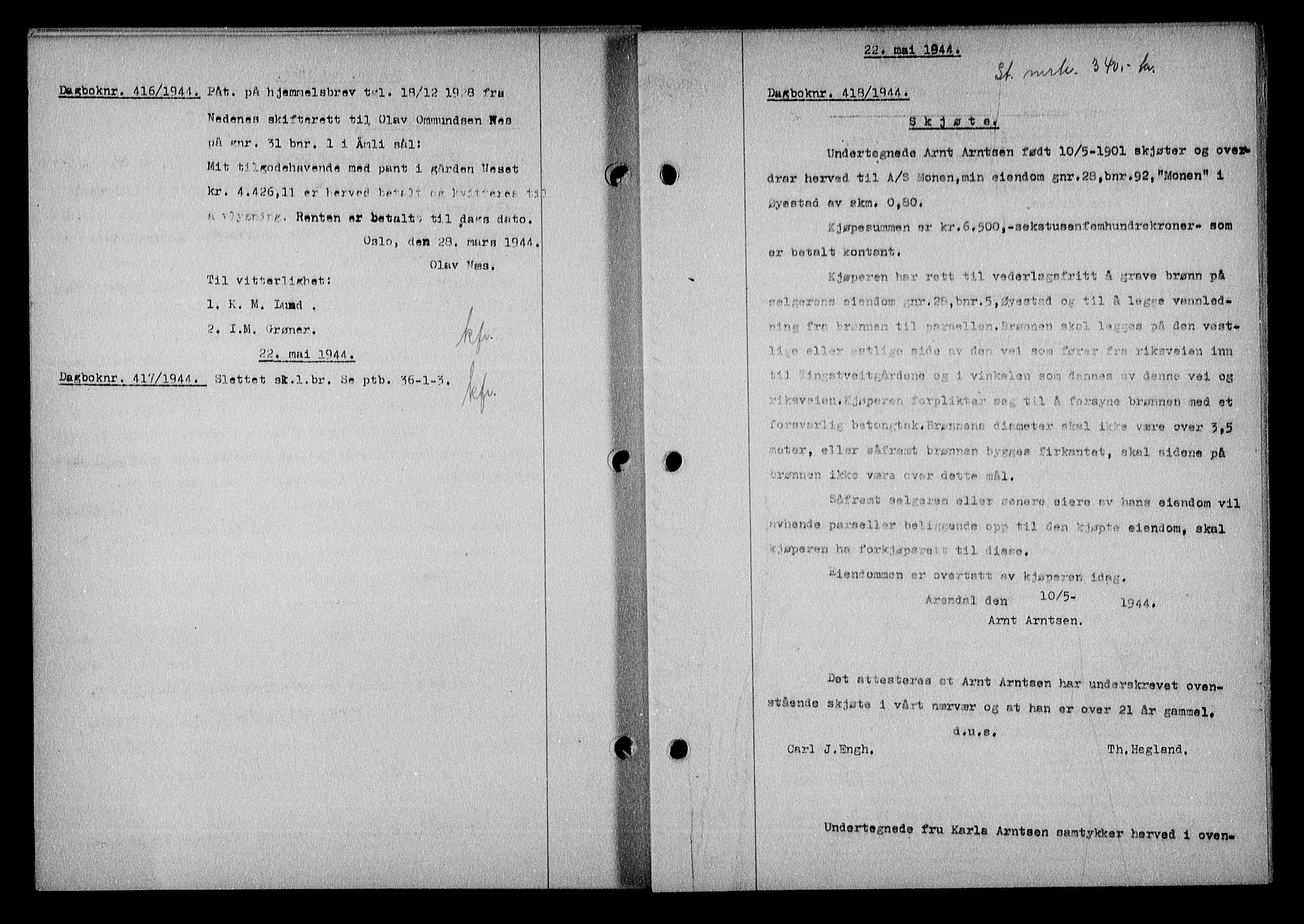 Nedenes sorenskriveri, SAK/1221-0006/G/Gb/Gba/L0051: Pantebok nr. A-V, 1943-1944, Dagboknr: 418/1944