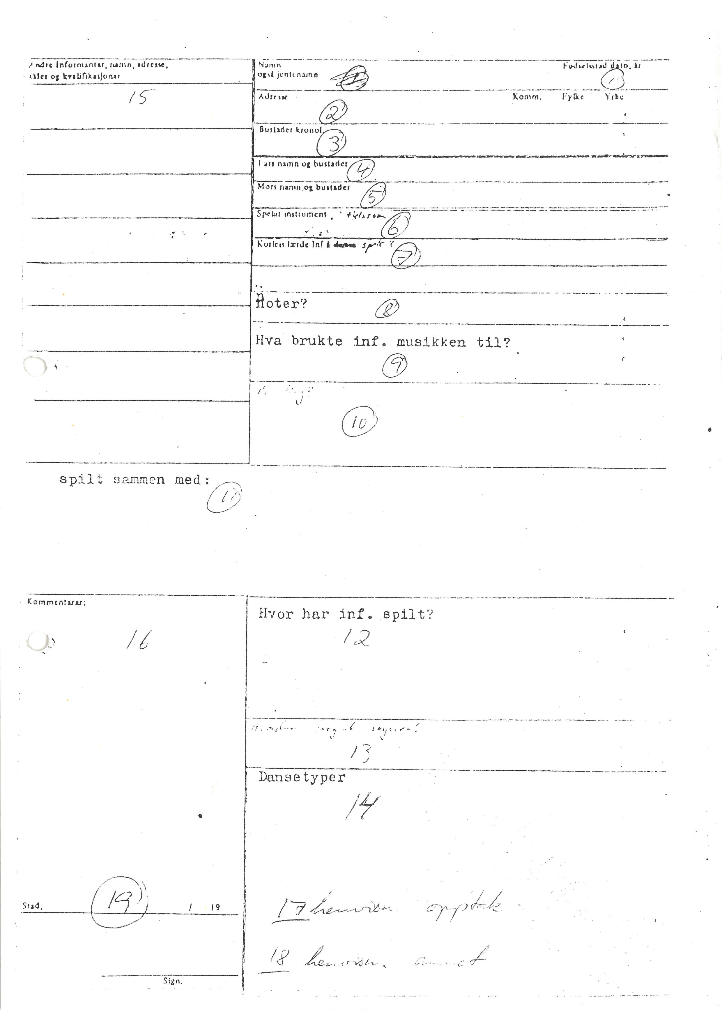 Sa 16 - Folkemusikk fra Vestfold, Gjerdesamlingen, VEMU/A-1868/I/L0001: Informantregister med intervjunedtegnelser, 1979-1986