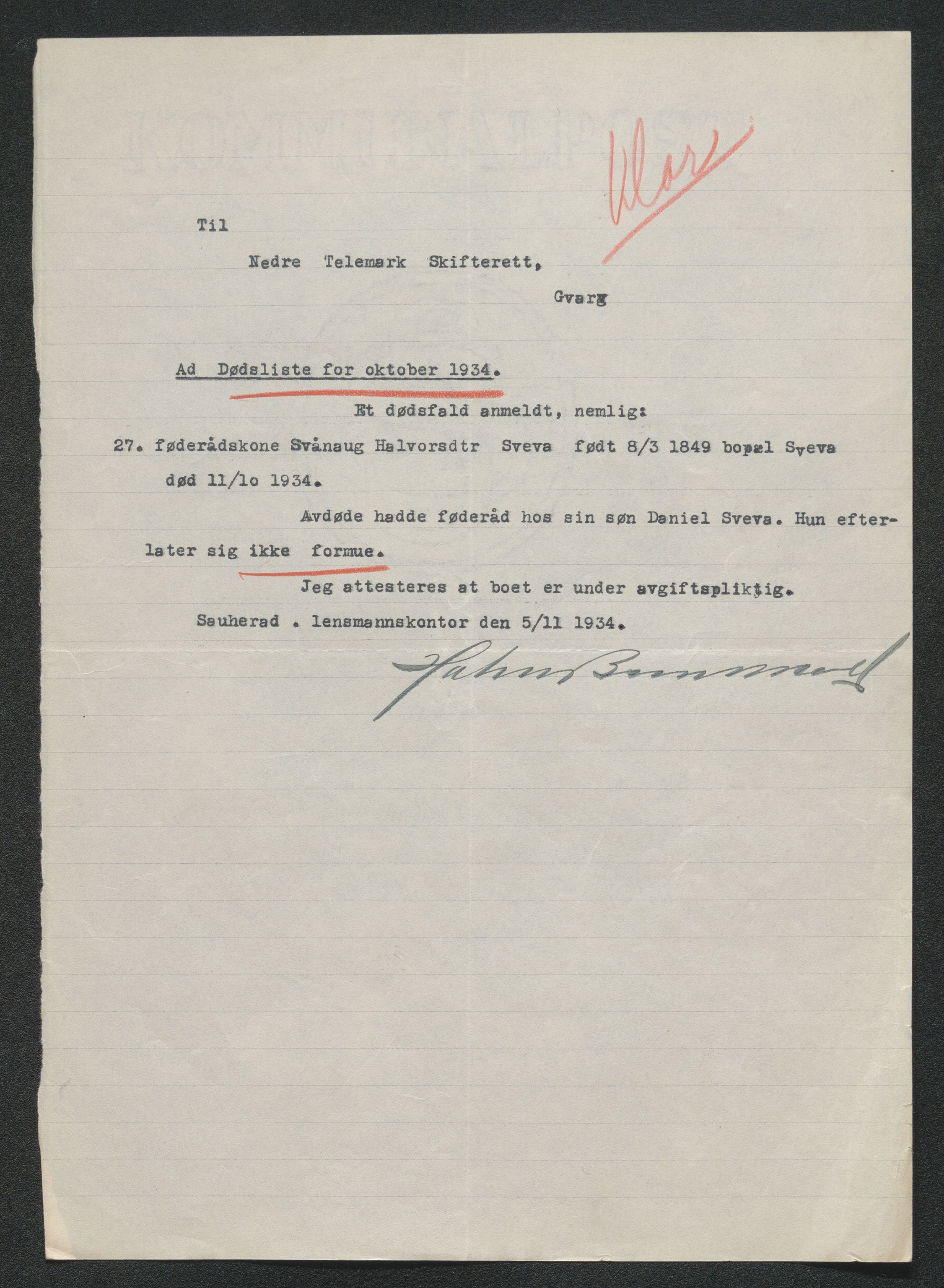 Nedre Telemark sorenskriveri, SAKO/A-135/H/Ha/Hab/L0008: Dødsfallsfortegnelser
, 1931-1935, s. 1283