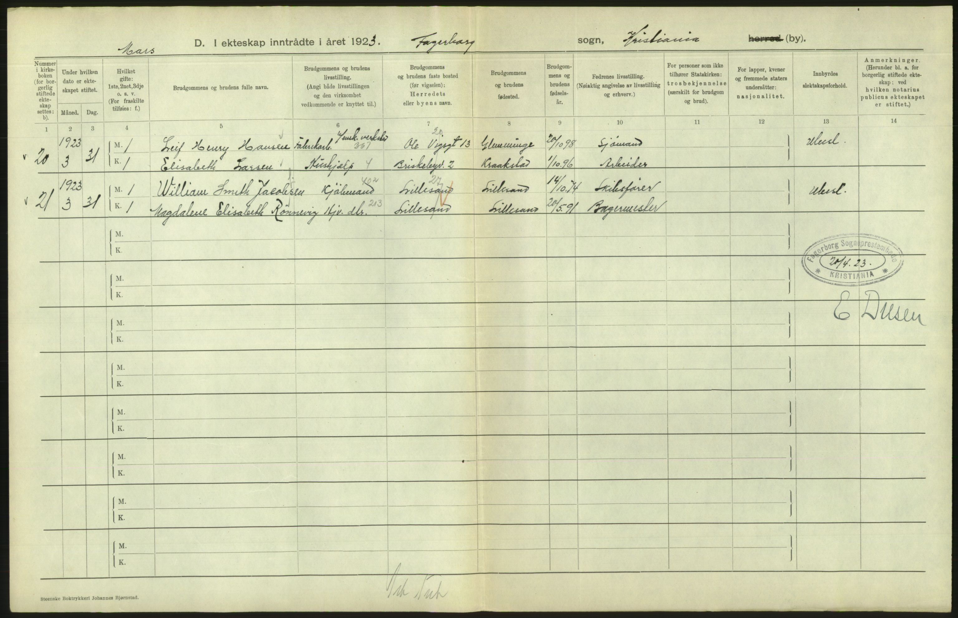 Statistisk sentralbyrå, Sosiodemografiske emner, Befolkning, AV/RA-S-2228/D/Df/Dfc/Dfcc/L0008: Kristiania: Gifte, 1923, s. 342