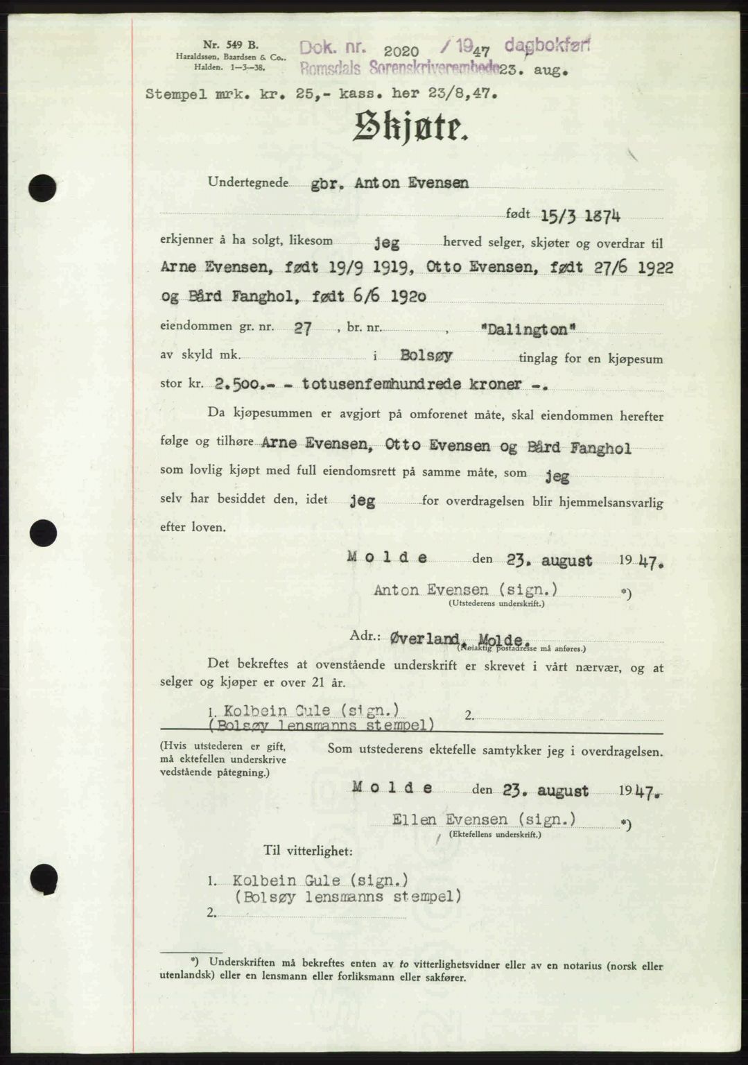 Romsdal sorenskriveri, AV/SAT-A-4149/1/2/2C: Pantebok nr. A23, 1947-1947, Dagboknr: 2020/1947