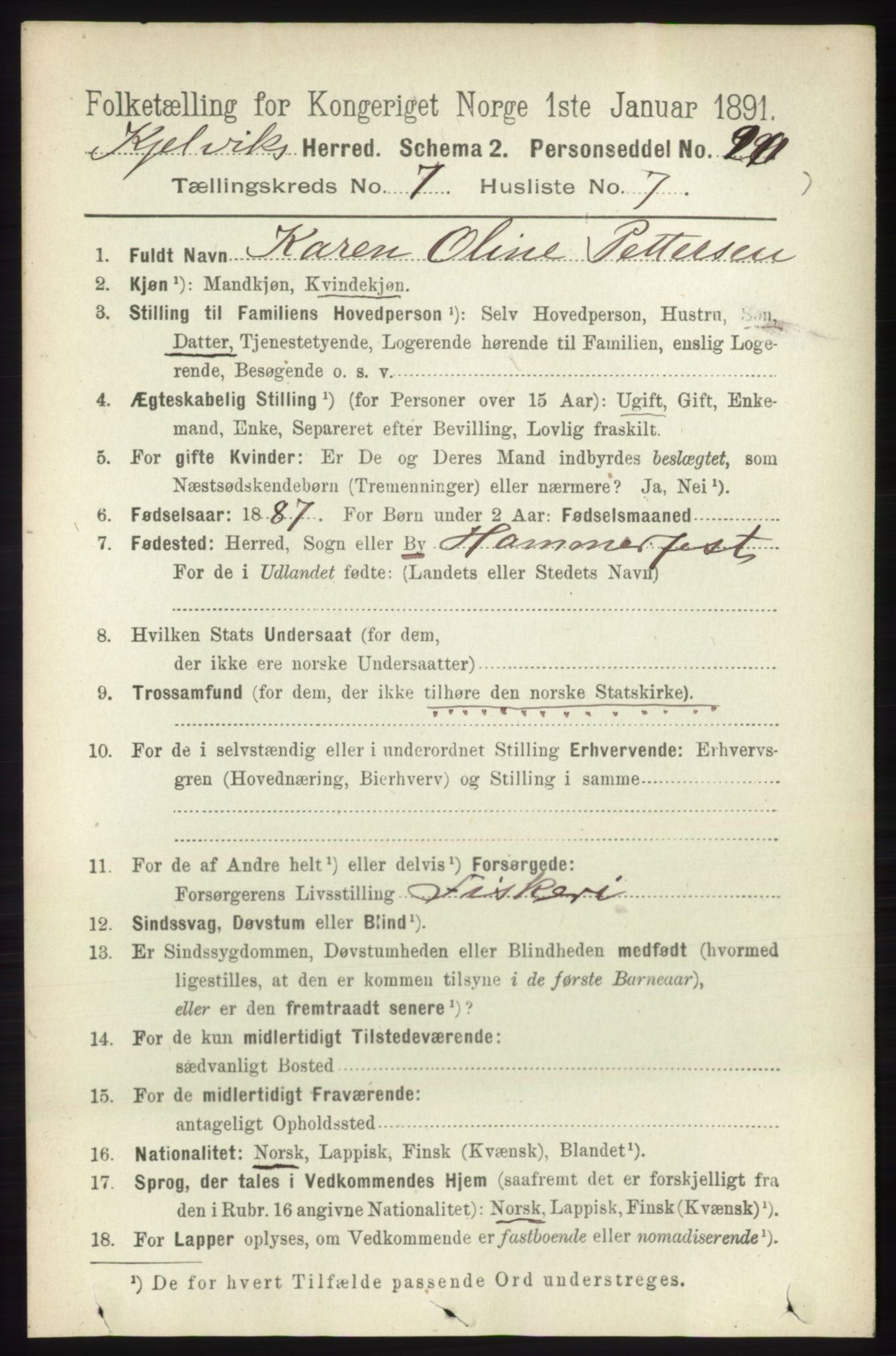 RA, Folketelling 1891 for 2019 Kjelvik herred, 1891, s. 944