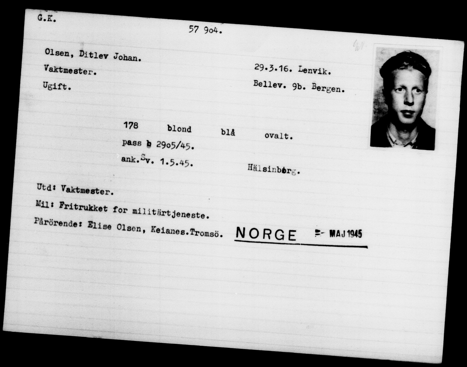 Utenriksstasjonene, Legasjonen i Stockholm, Flyktningkontoret, AV/RA-S-6753/V/Va/L0020: Kjesäterkartoteket, flyktninger med registreringsnr. 55000-58245, 1940-1945, s. 2902