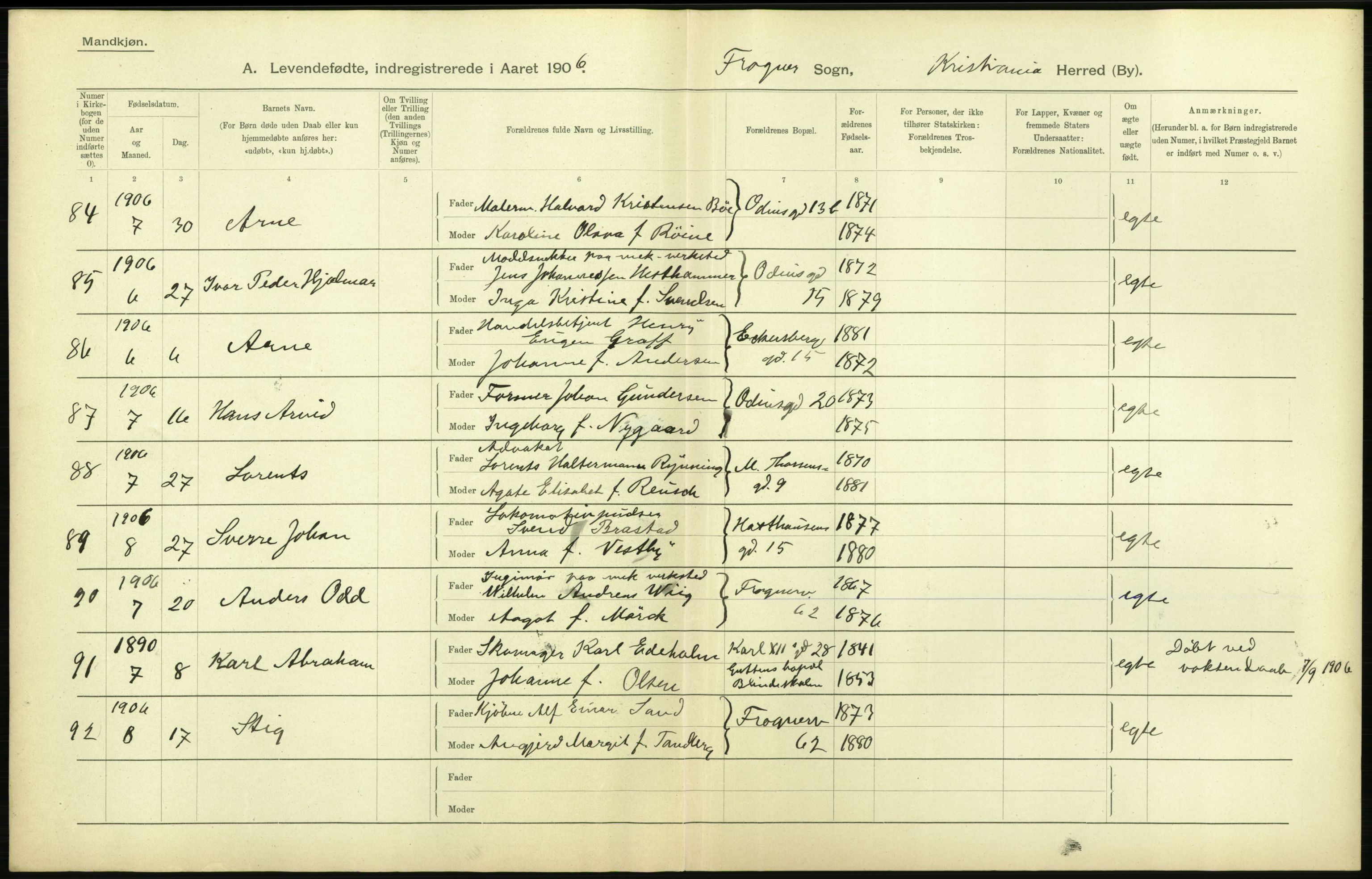 Statistisk sentralbyrå, Sosiodemografiske emner, Befolkning, AV/RA-S-2228/D/Df/Dfa/Dfad/L0006: Kristiania: Levendefødte menn og kvinner., 1906, s. 10