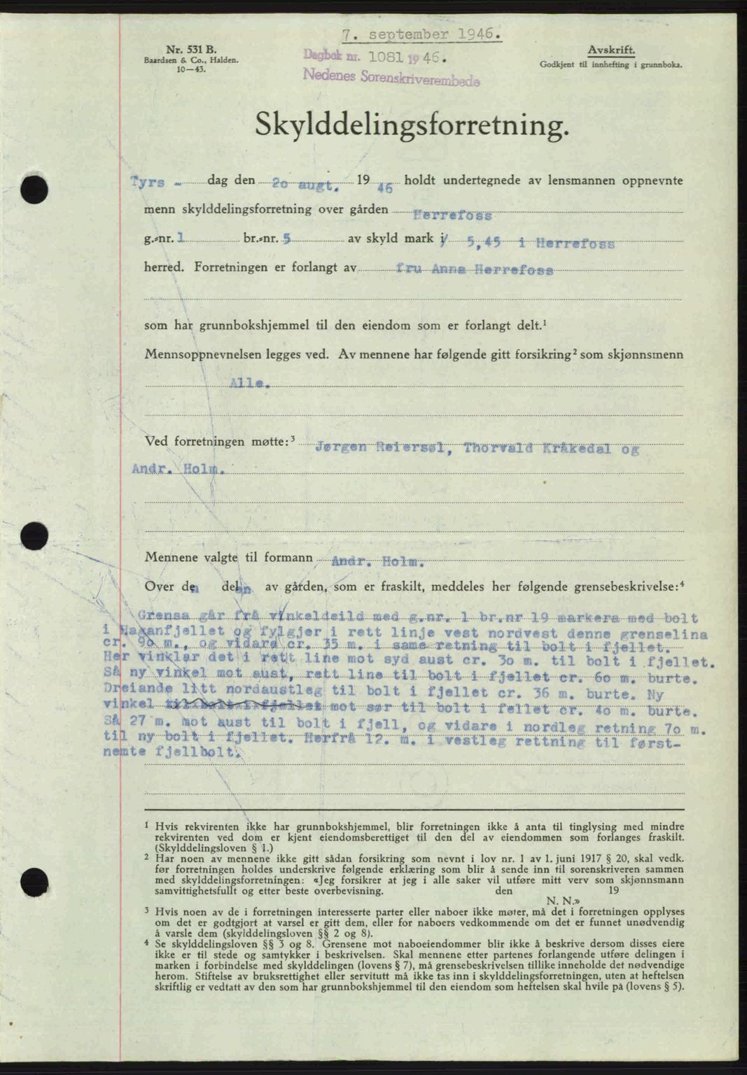 Nedenes sorenskriveri, AV/SAK-1221-0006/G/Gb/Gba/L0056: Pantebok nr. A8, 1946-1947, Dagboknr: 1081/1946