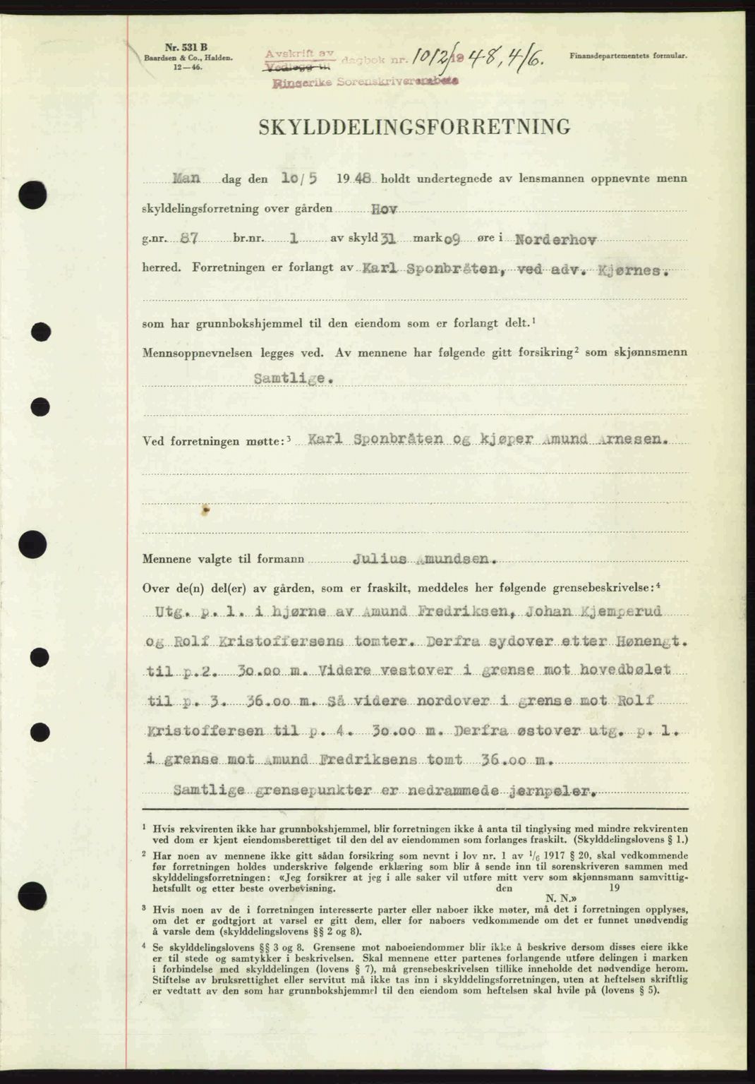 Ringerike sorenskriveri, SAKO/A-105/G/Ga/Gab/L0088: Pantebok nr. A-19, 1948-1948, Dagboknr: 1012/1948