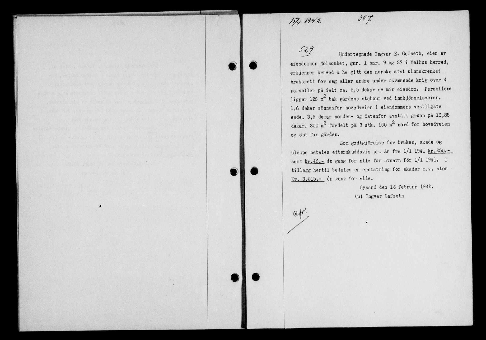 Gauldal sorenskriveri, SAT/A-0014/1/2/2C/L0054: Pantebok nr. 59, 1941-1942, Dagboknr: 529/1942