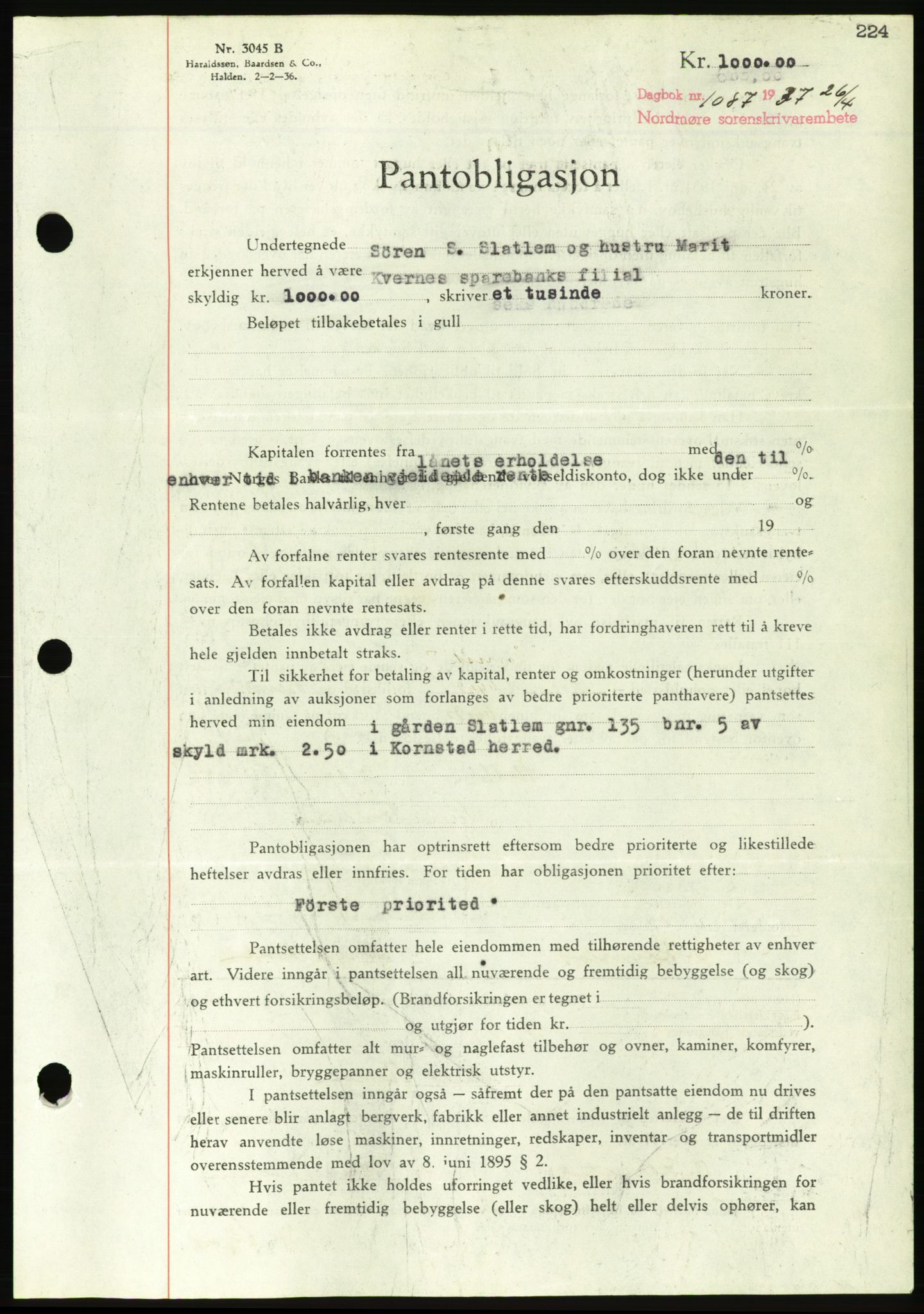 Nordmøre sorenskriveri, AV/SAT-A-4132/1/2/2Ca/L0091: Pantebok nr. B81, 1937-1937, Dagboknr: 1087/1937