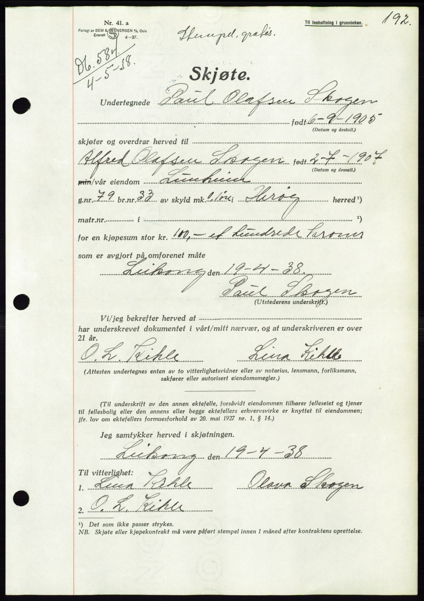 Søre Sunnmøre sorenskriveri, AV/SAT-A-4122/1/2/2C/L0065: Pantebok nr. 59, 1938-1938, Dagboknr: 584/1938