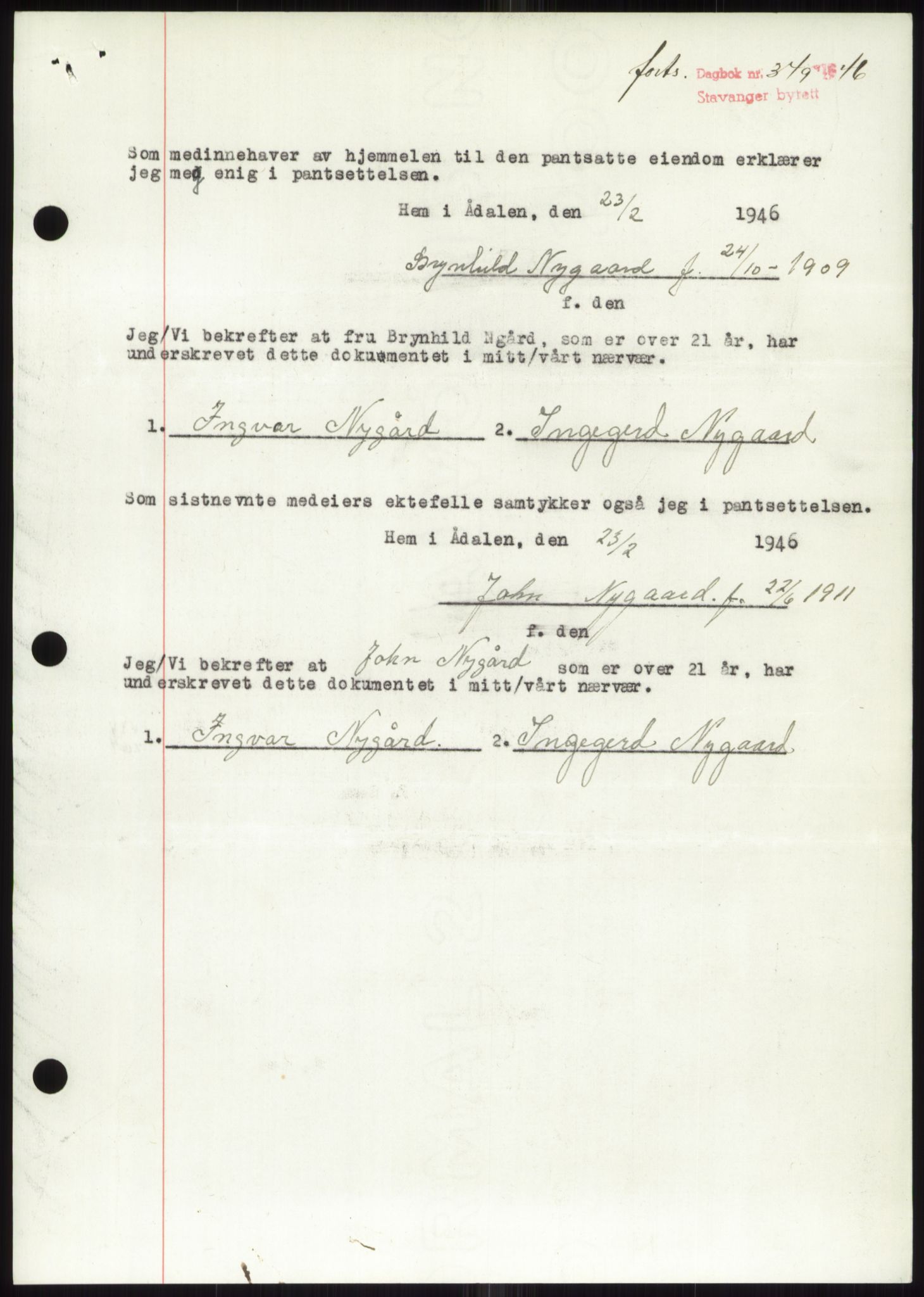 Stavanger byrett, SAST/A-100455/002/G/Gb/L0031: Pantebok, 1943-1947, Dagboknr: 349/1946