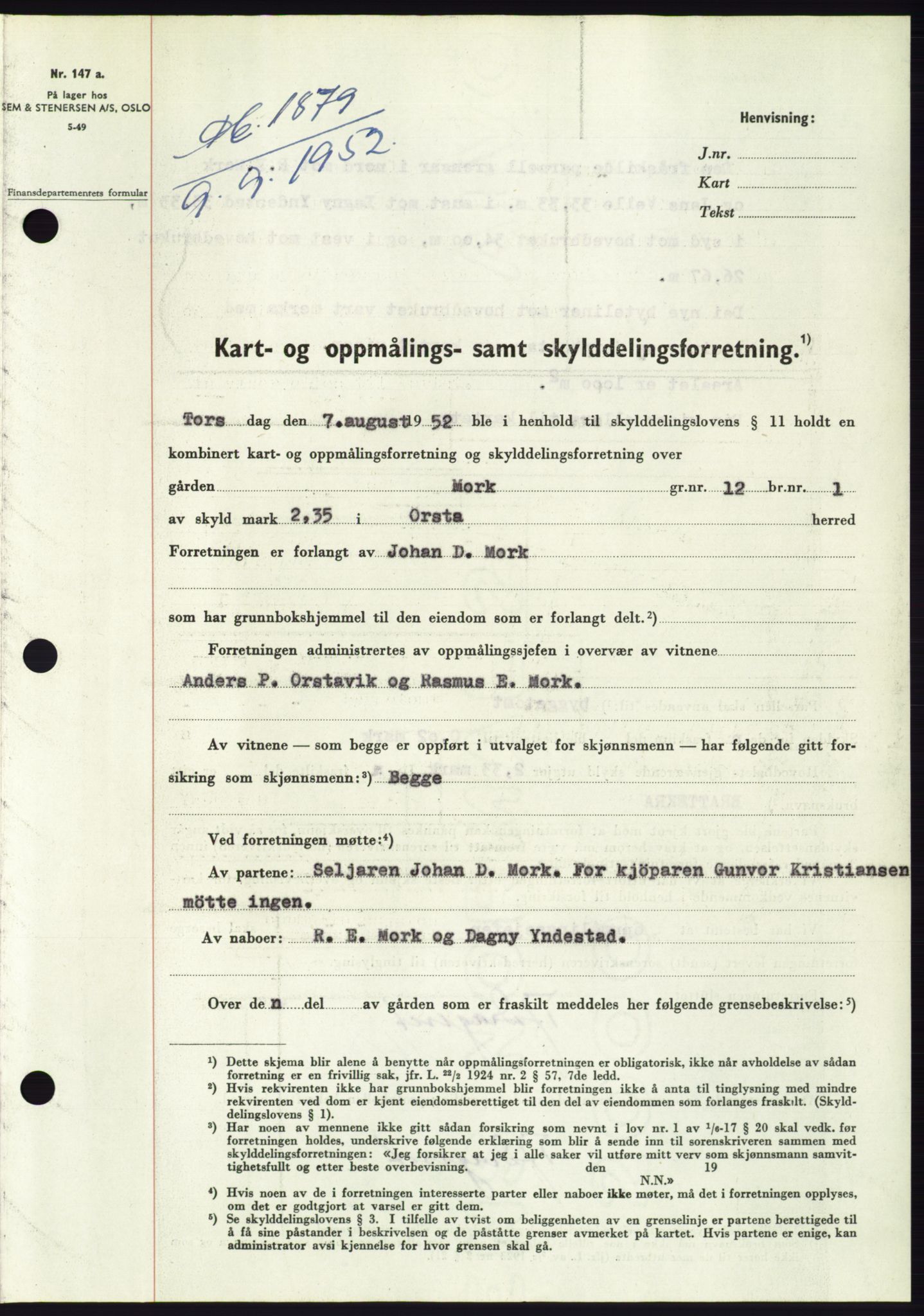 Søre Sunnmøre sorenskriveri, SAT/A-4122/1/2/2C/L0093: Pantebok nr. 19A, 1952-1953, Dagboknr: 1879/1952