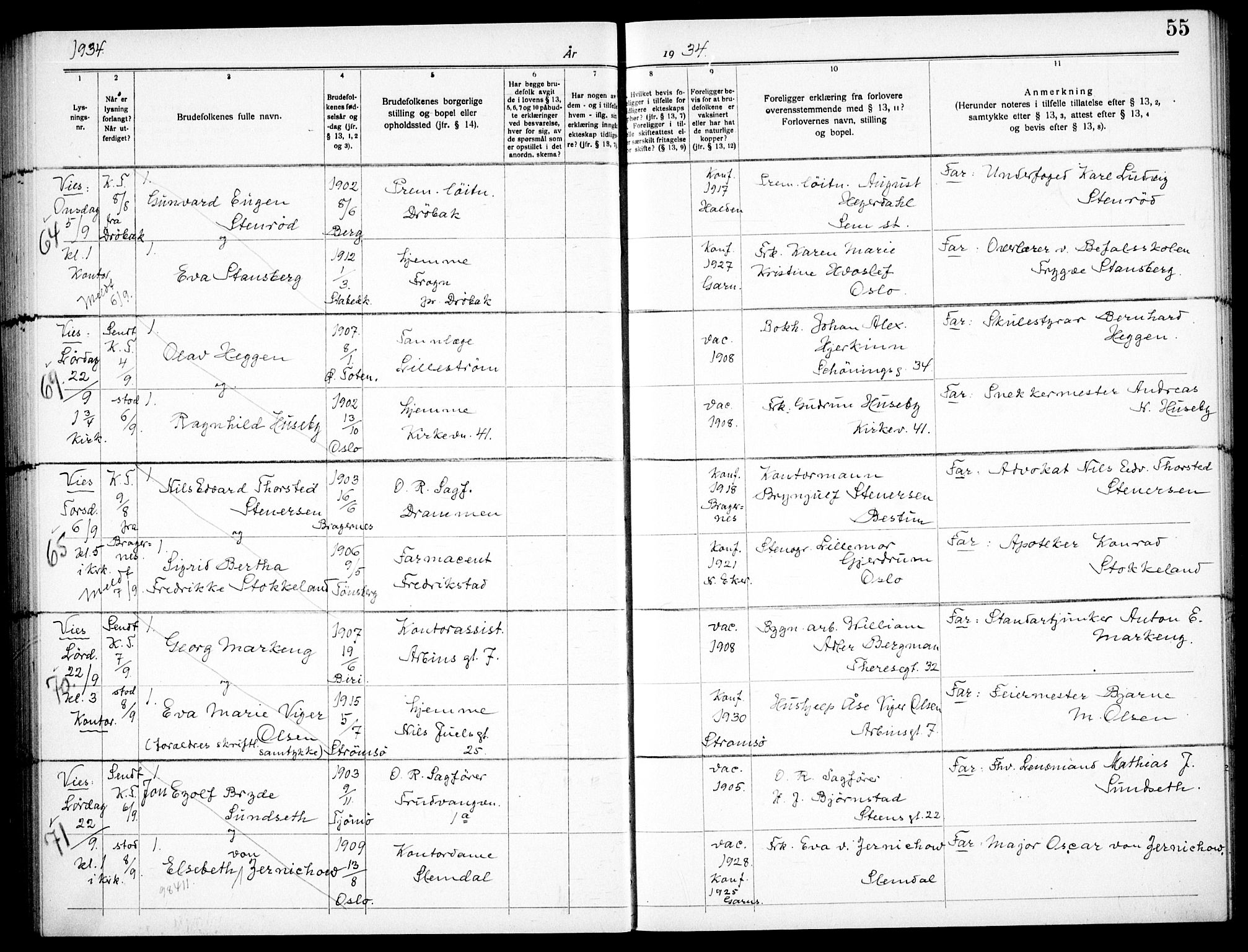 Garnisonsmenigheten Kirkebøker, AV/SAO-A-10846/H/Ha/L0011: Lysningsprotokoll nr. I 11, 1932-1936, s. 55