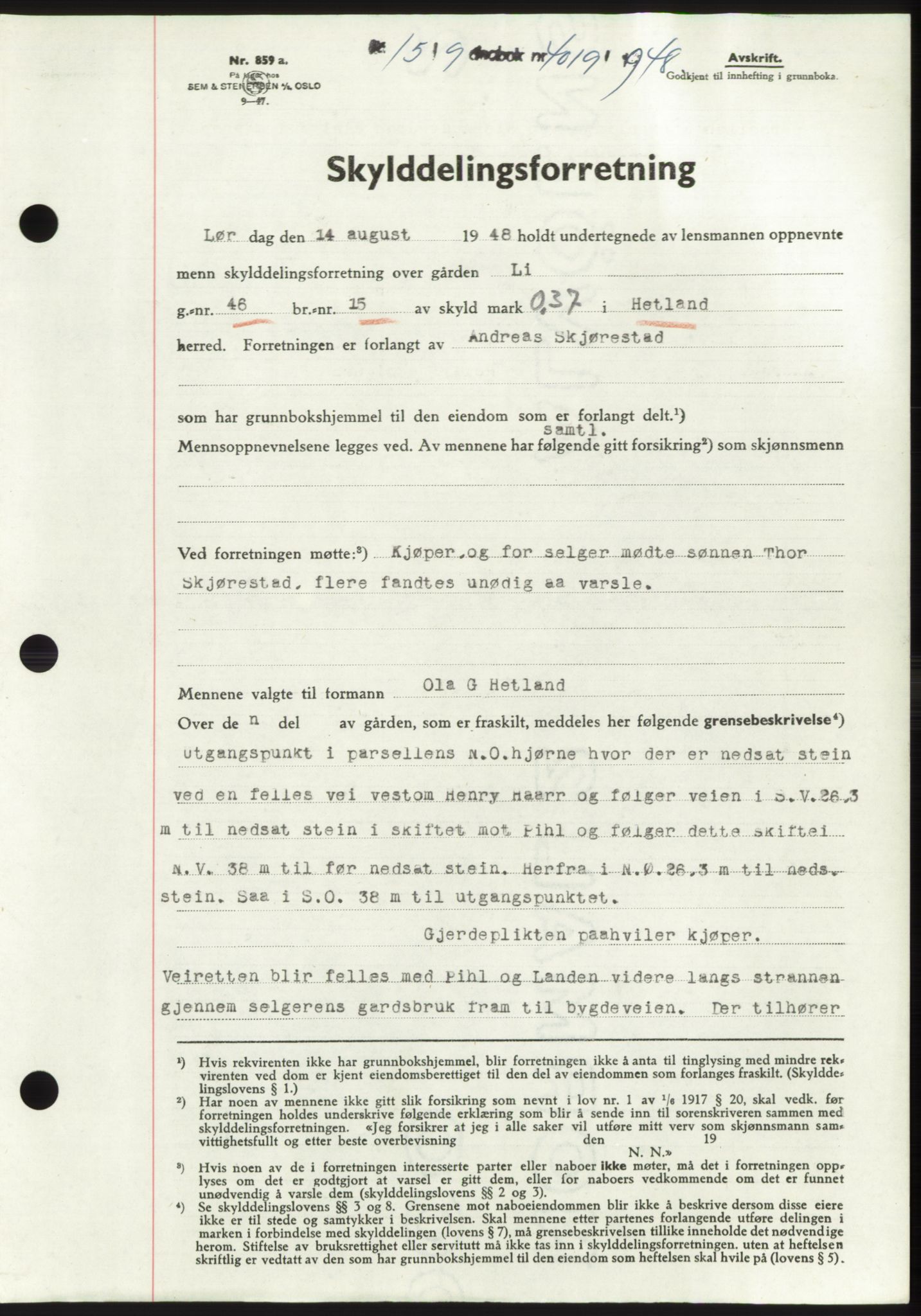 Jæren sorenskriveri, SAST/A-100310/03/G/Gba/L0100: Pantebok, 1948-1948, Dagboknr: 4019/1948