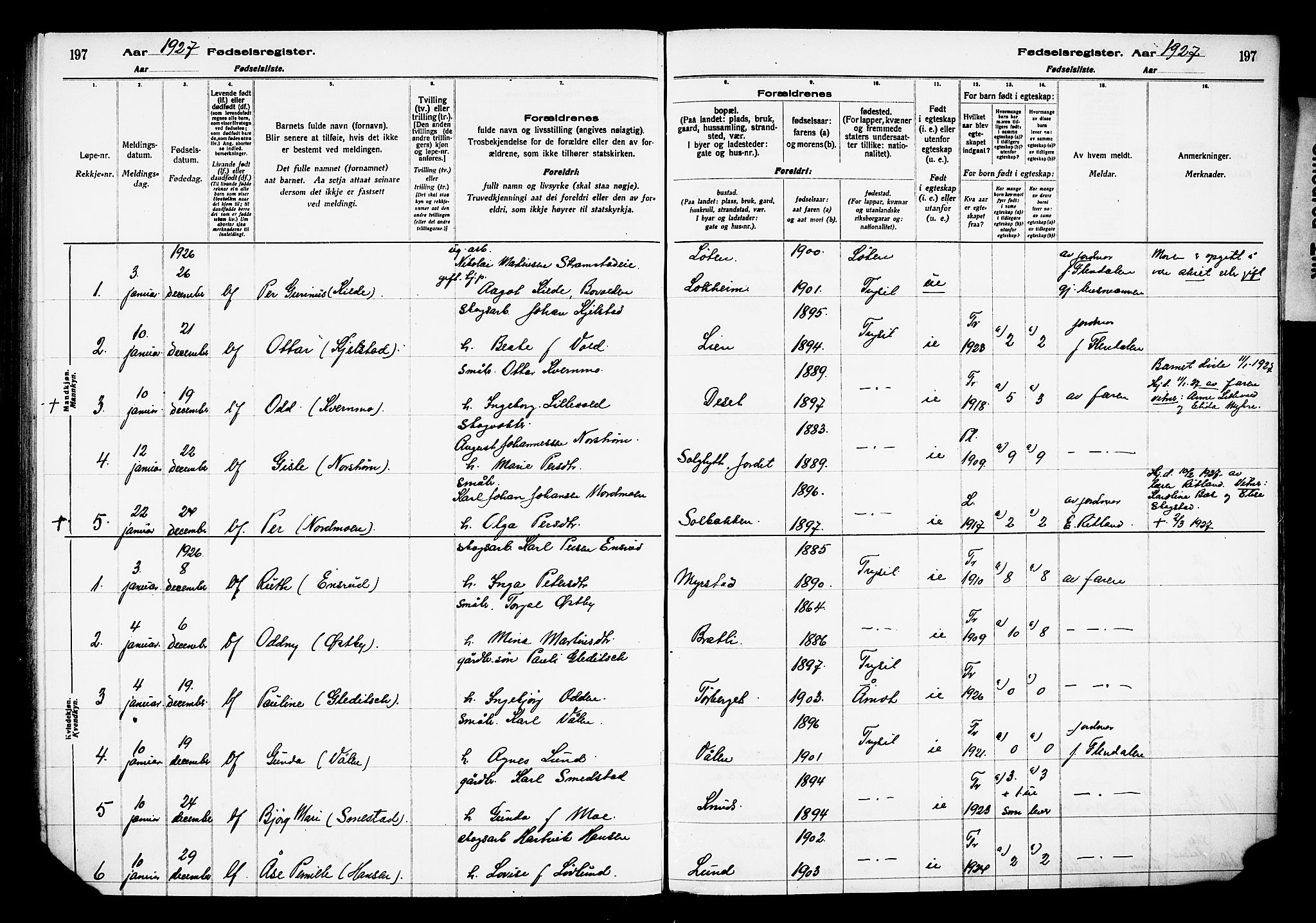 Trysil prestekontor, AV/SAH-PREST-046/I/Id/Ida/L0001: Fødselsregister nr. I 1, 1916-1927, s. 197