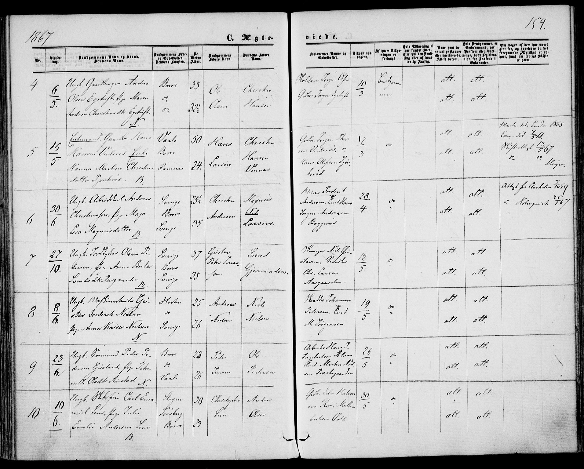 Borre kirkebøker, AV/SAKO-A-338/F/Fa/L0007: Ministerialbok nr. I 7, 1862-1867, s. 154
