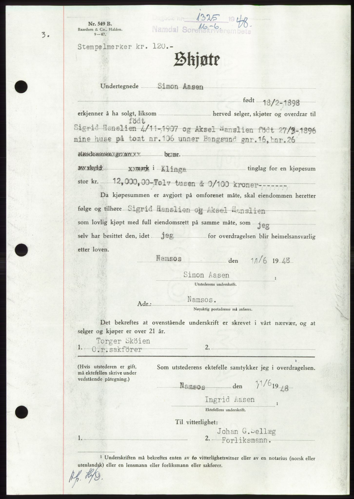 Namdal sorenskriveri, SAT/A-4133/1/2/2C: Pantebok nr. -, 1948-1948, Dagboknr: 1325/1948