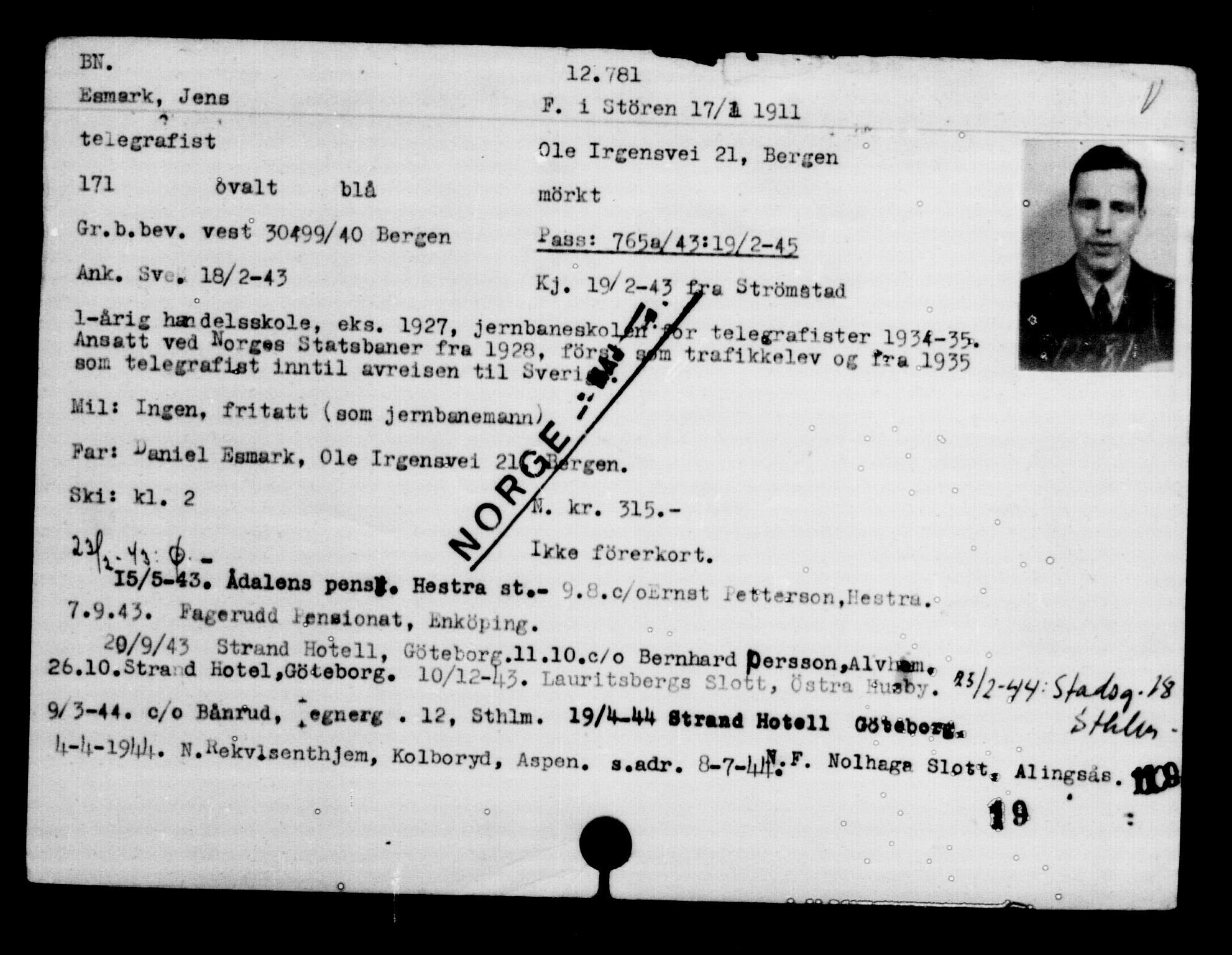 Den Kgl. Norske Legasjons Flyktningskontor, AV/RA-S-6753/V/Va/L0007: Kjesäterkartoteket.  Flyktningenr. 12700-15723, 1940-1945, s. 93
