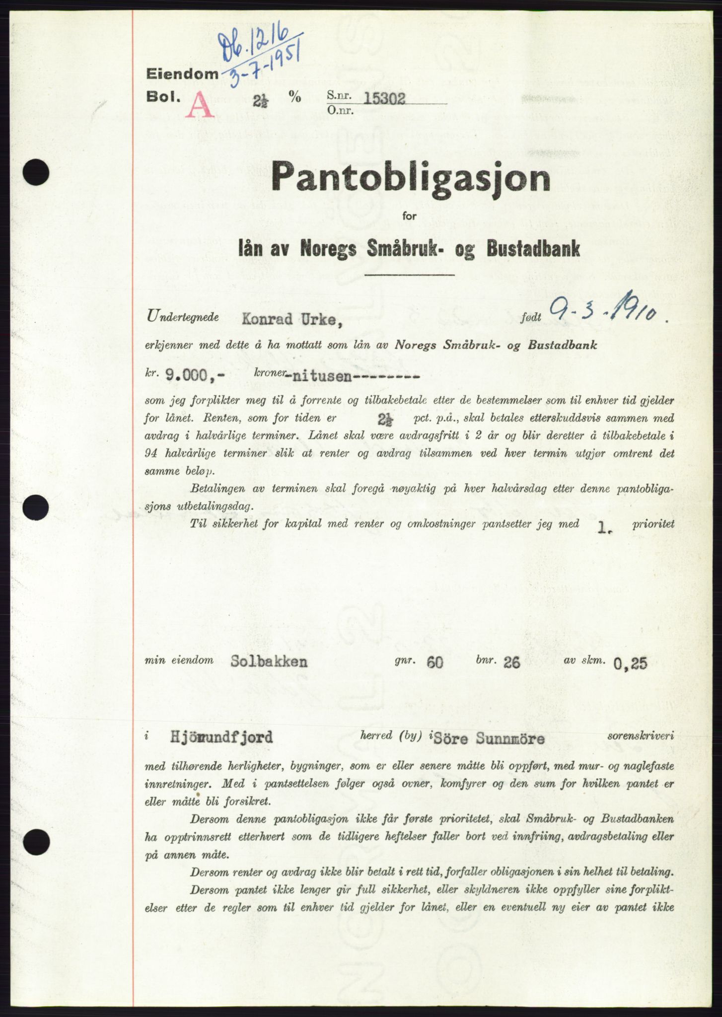 Søre Sunnmøre sorenskriveri, SAT/A-4122/1/2/2C/L0120: Pantebok nr. 8B, 1951-1951, Dagboknr: 1216/1951