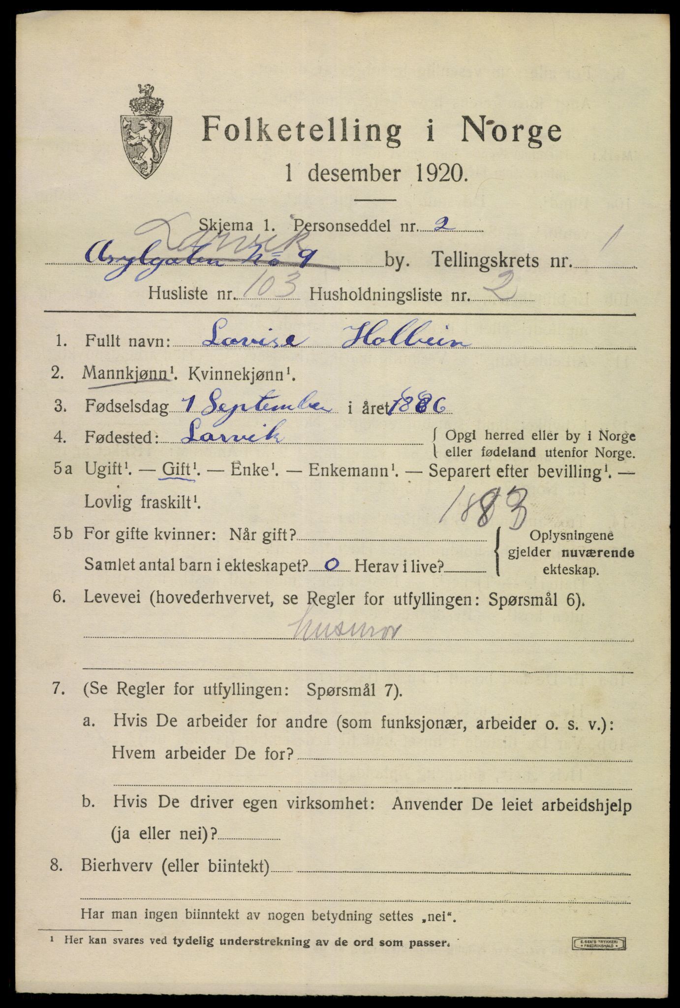 SAKO, Folketelling 1920 for 0707 Larvik kjøpstad, 1920, s. 10222