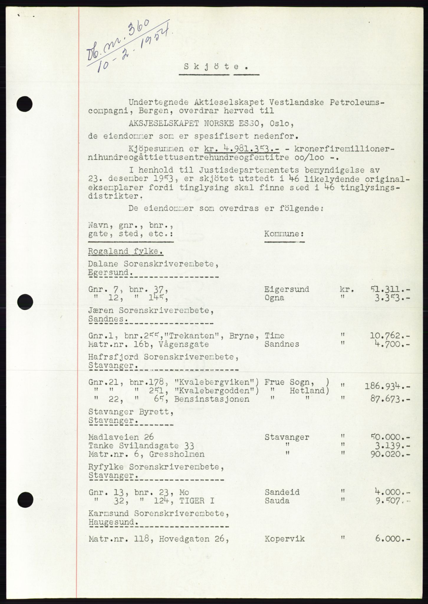 Søre Sunnmøre sorenskriveri, SAT/A-4122/1/2/2C/L0097: Pantebok nr. 23A, 1954-1954, Dagboknr: 360/1954