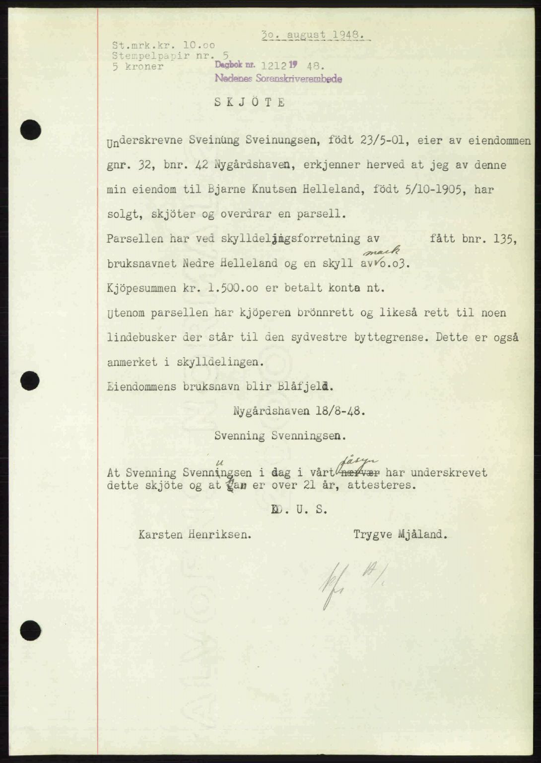 Nedenes sorenskriveri, SAK/1221-0006/G/Gb/Gba/L0059: Pantebok nr. A11, 1948-1948, Dagboknr: 1212/1948