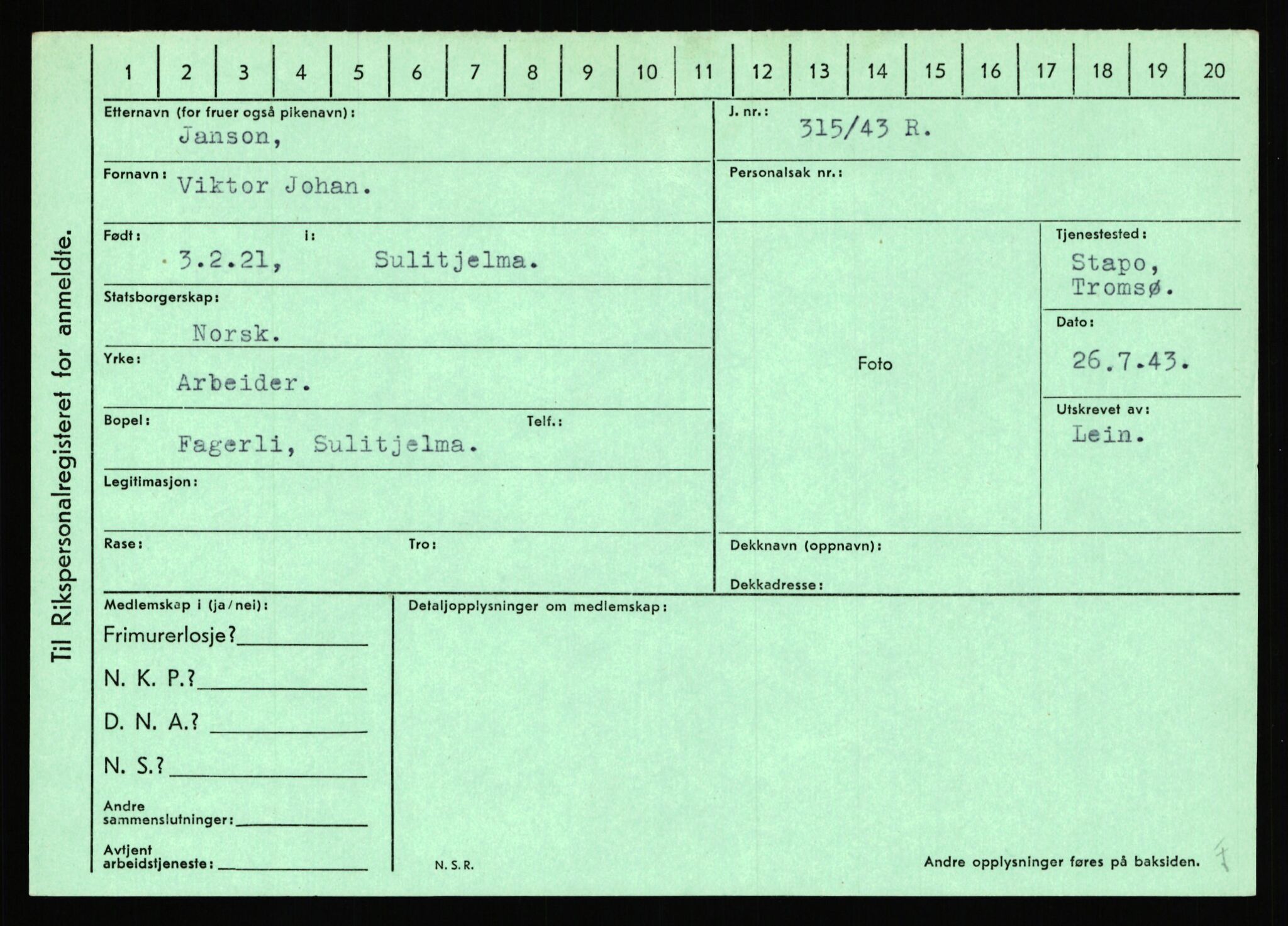 Statspolitiet - Hovedkontoret / Osloavdelingen, AV/RA-S-1329/C/Ca/L0007: Hol - Joelsen, 1943-1945, s. 3491