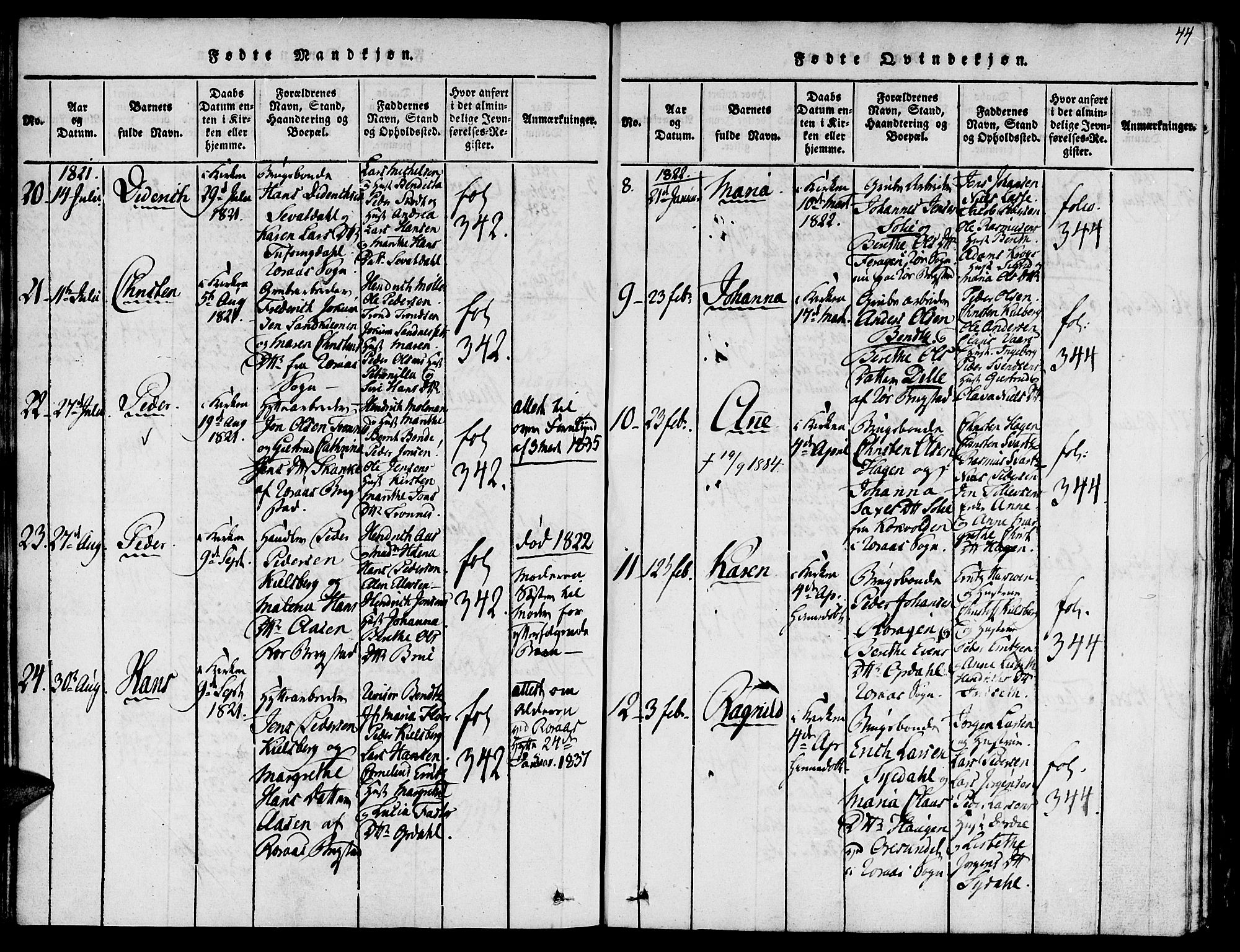 Ministerialprotokoller, klokkerbøker og fødselsregistre - Sør-Trøndelag, SAT/A-1456/681/L0929: Ministerialbok nr. 681A07, 1817-1828, s. 44