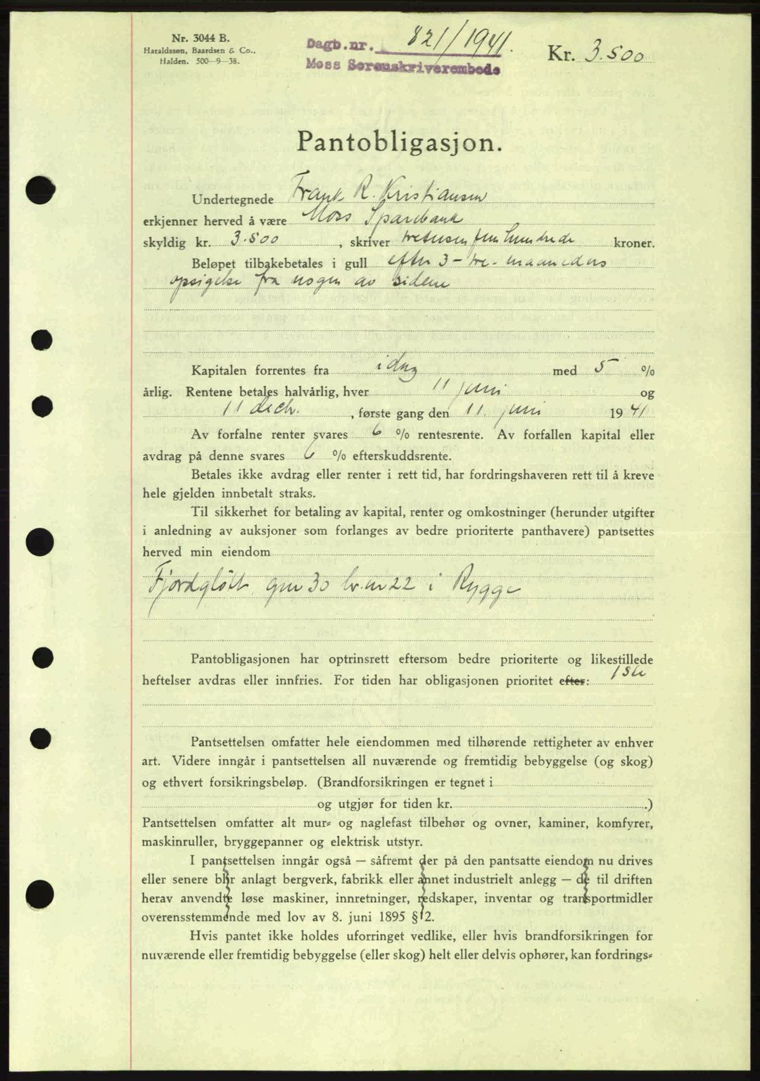 Moss sorenskriveri, SAO/A-10168: Pantebok nr. B10, 1940-1941, Dagboknr: 821/1941
