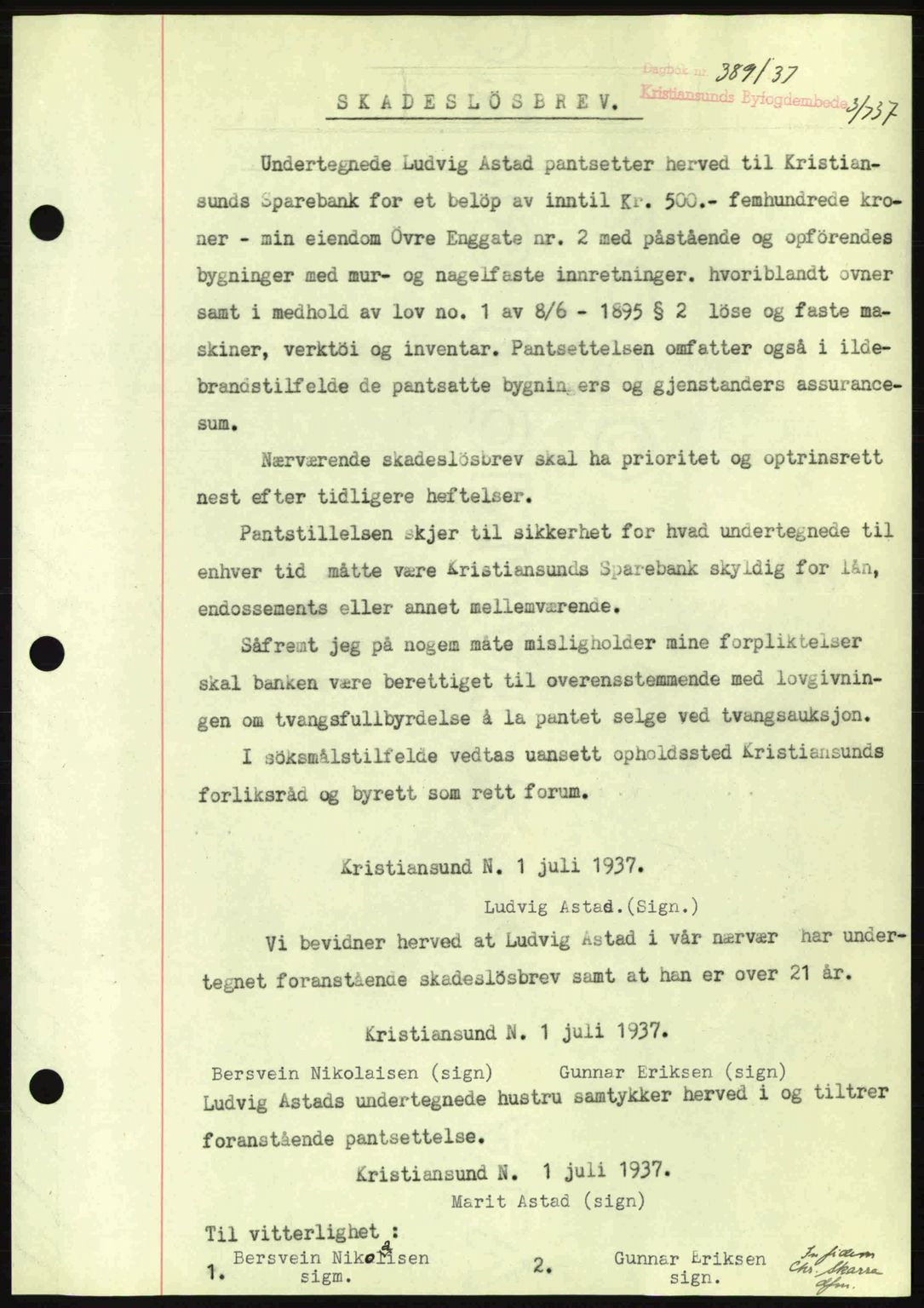 Kristiansund byfogd, SAT/A-4587/A/27: Pantebok nr. 29, 1936-1937, Dagboknr: 389/1937