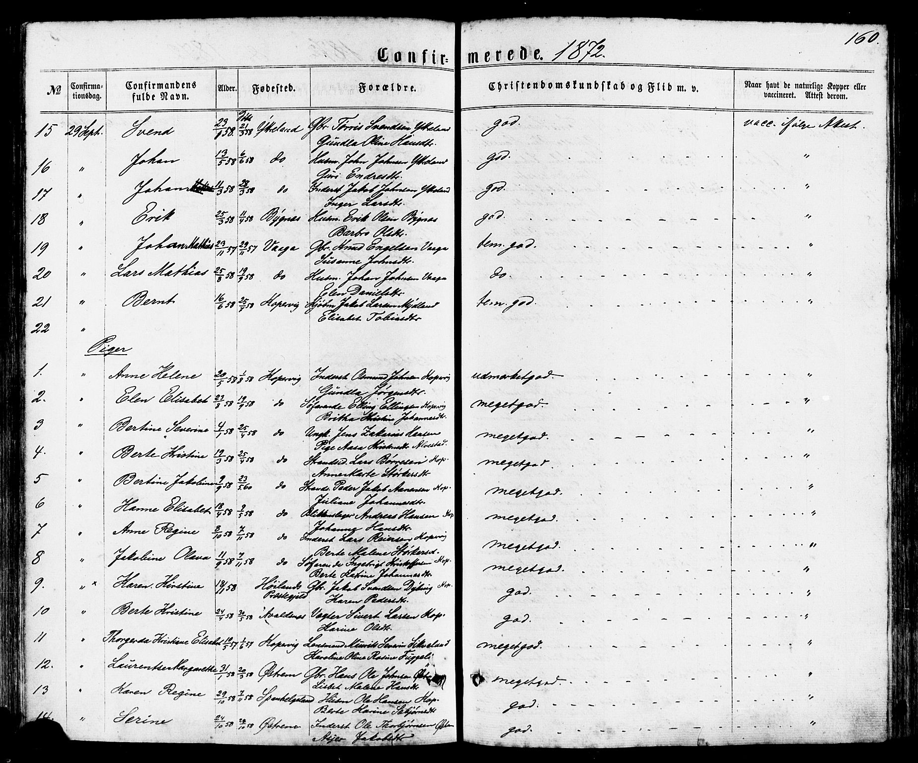 Avaldsnes sokneprestkontor, SAST/A -101851/H/Ha/Haa/L0011: Ministerialbok nr. A 11, 1861-1880, s. 160
