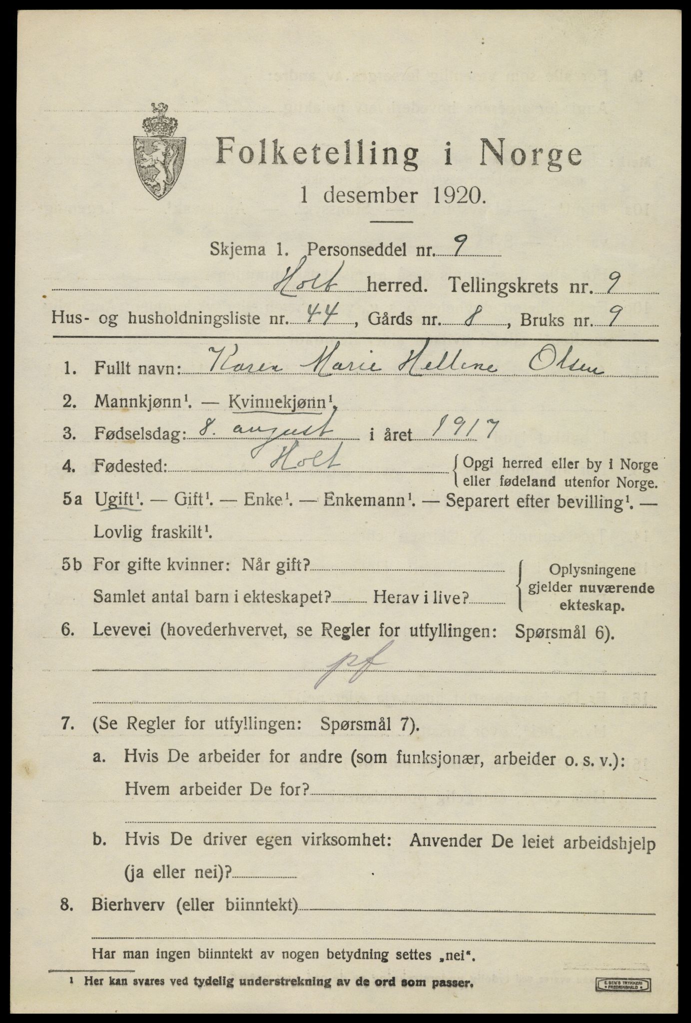 SAK, Folketelling 1920 for 0914 Holt herred, 1920, s. 5564