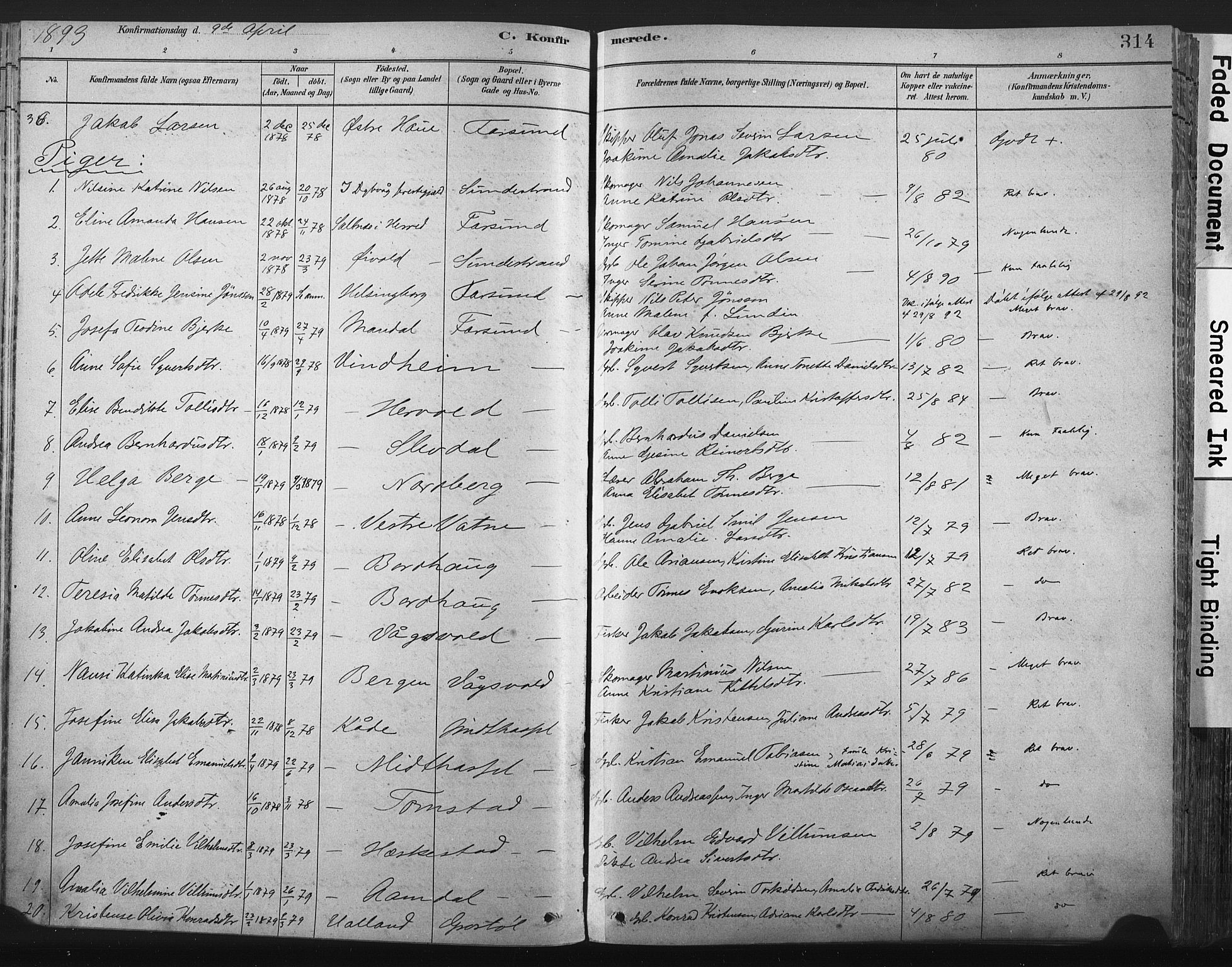 Lista sokneprestkontor, AV/SAK-1111-0027/F/Fa/L0012: Ministerialbok nr. A 12, 1879-1903, s. 314