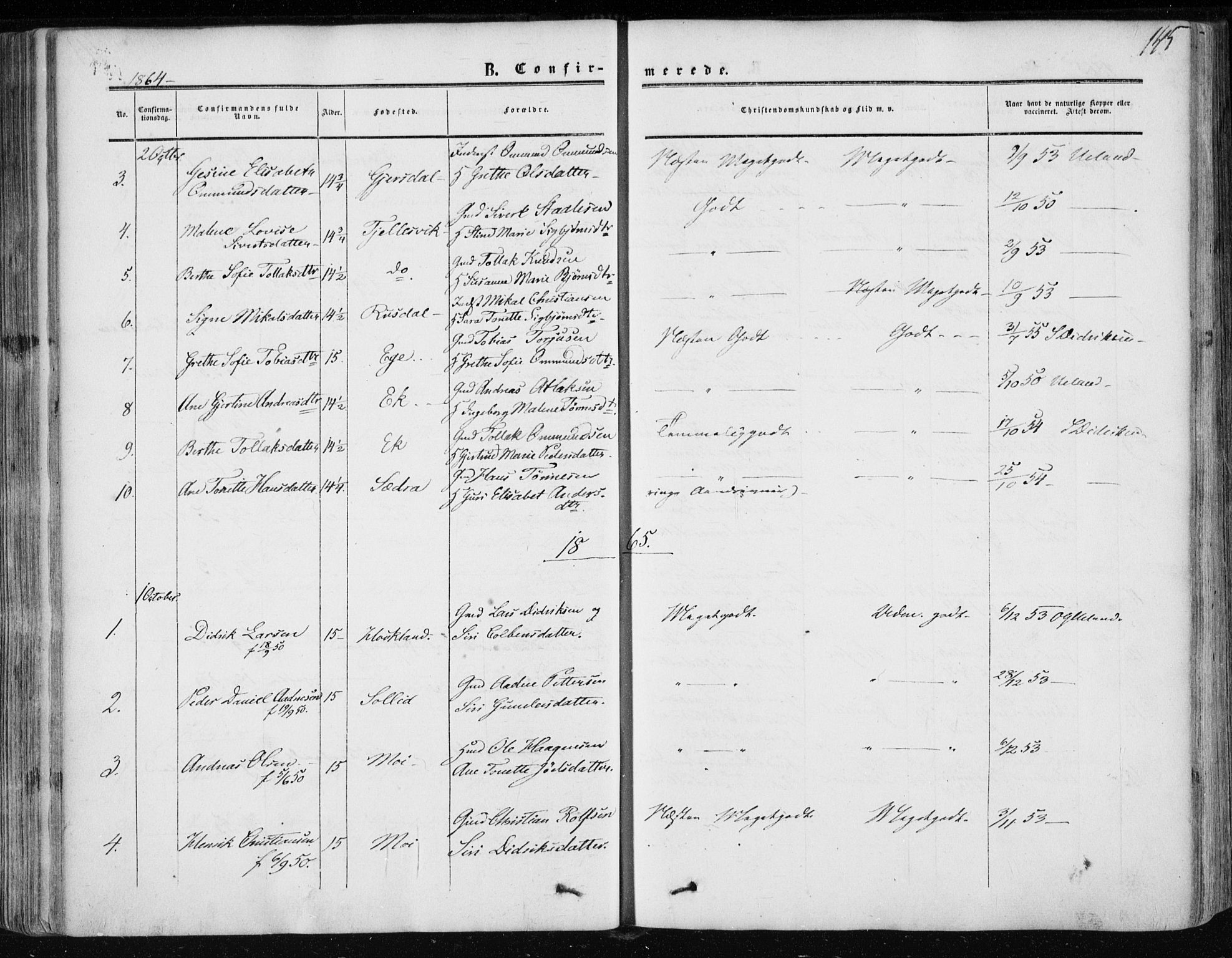Lund sokneprestkontor, AV/SAST-A-101809/S06/L0009: Ministerialbok nr. A 8, 1853-1877, s. 145